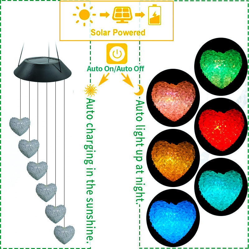 GANGES SA Solar Led Color-Changing Wind Chime Hanging Light; Wind Chime With Hanging Heart Shaped Ornaments; Festive Decoration For Courtyard; Garden And Patio