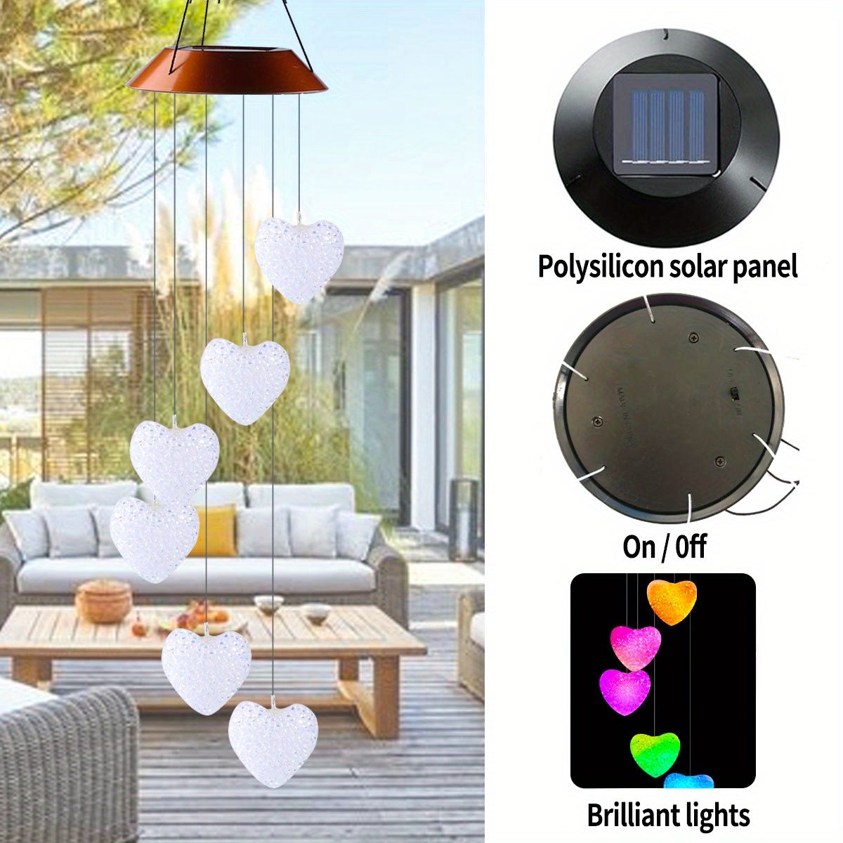 GANGES SA Solar Led Color-Changing Wind Chime Hanging Light; Wind Chime With Hanging Heart Shaped Ornaments; Festive Decoration For Courtyard; Garden And Patio