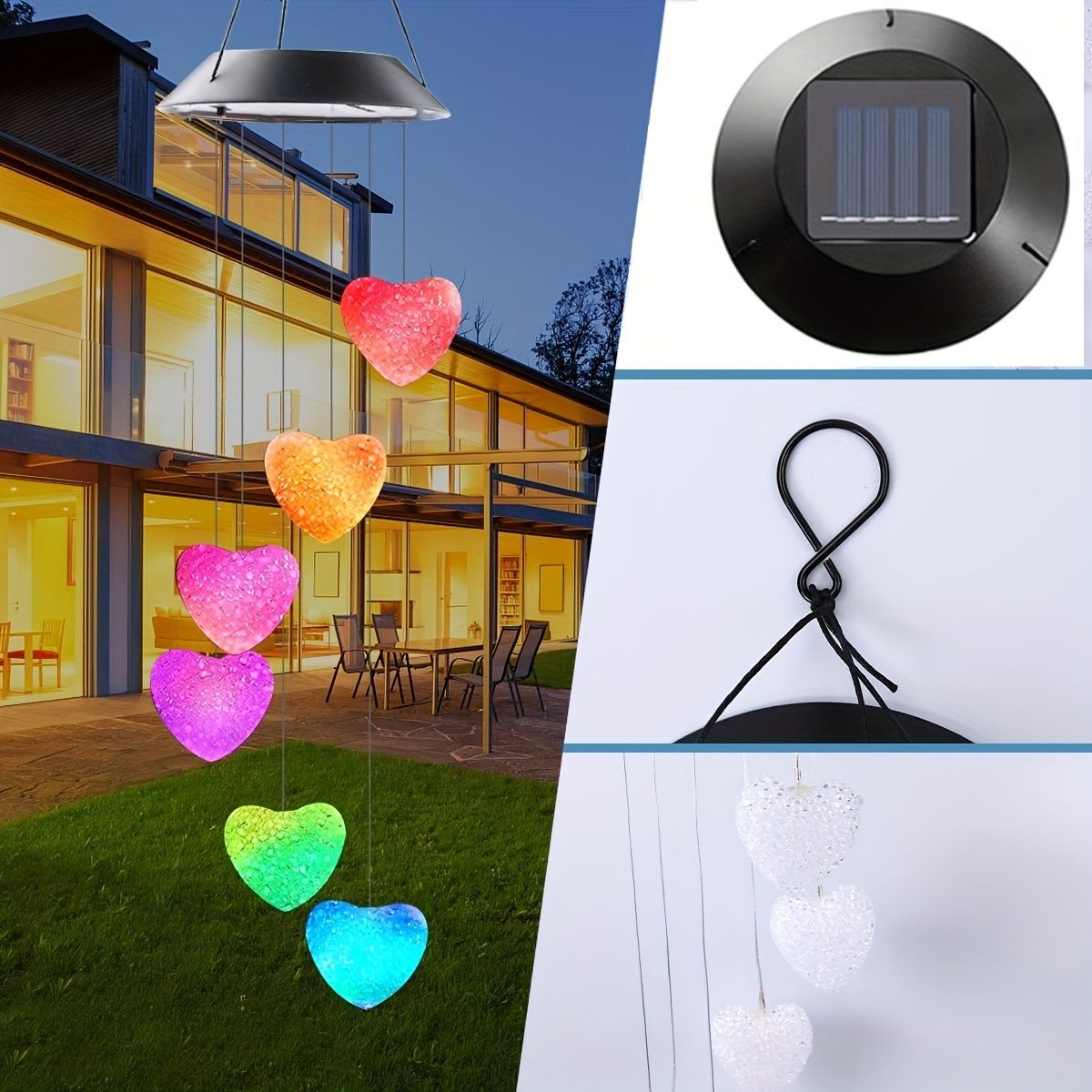 GANGES SA Solar Led Color-Changing Wind Chime Hanging Light; Wind Chime With Hanging Heart Shaped Ornaments; Festive Decoration For Courtyard; Garden And Patio