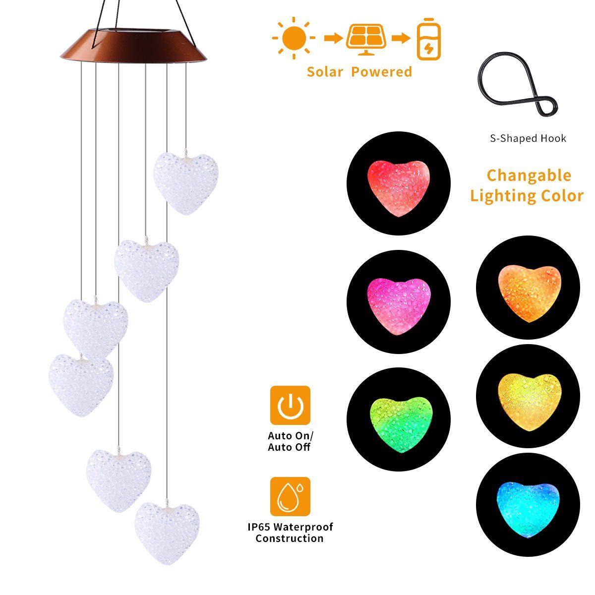 GANGES SA Solar Led Color-Changing Wind Chime Hanging Light; Wind Chime With Hanging Heart Shaped Ornaments; Festive Decoration For Courtyard; Garden And Patio
