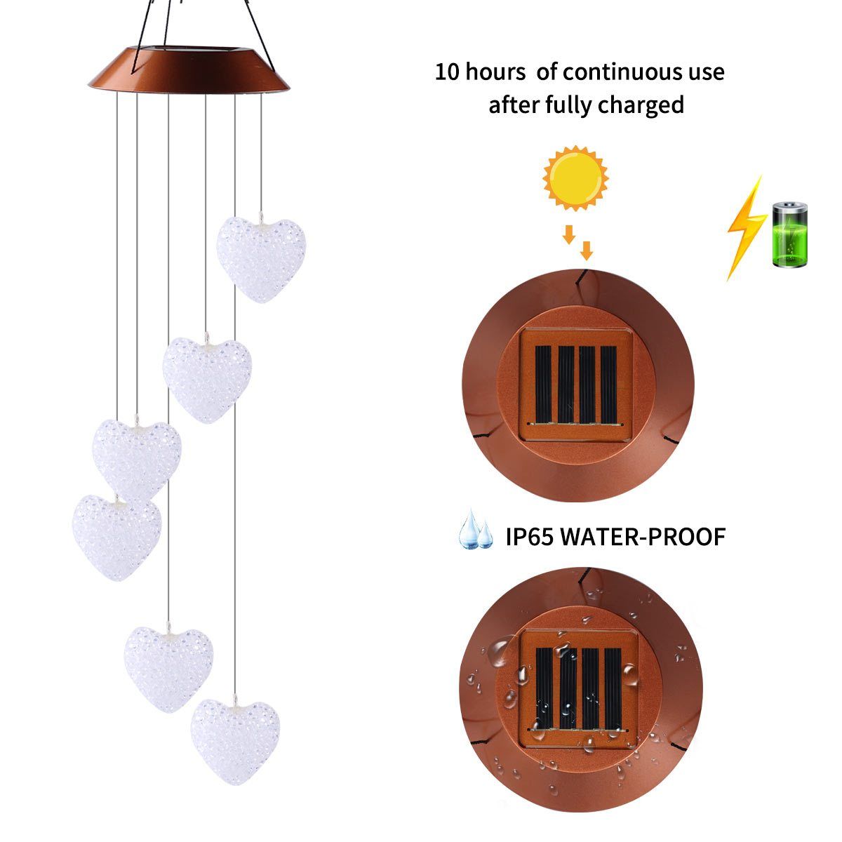 GANGES SA Solar Led Color-Changing Wind Chime Hanging Light; Wind Chime With Hanging Heart Shaped Ornaments; Festive Decoration For Courtyard; Garden And Patio