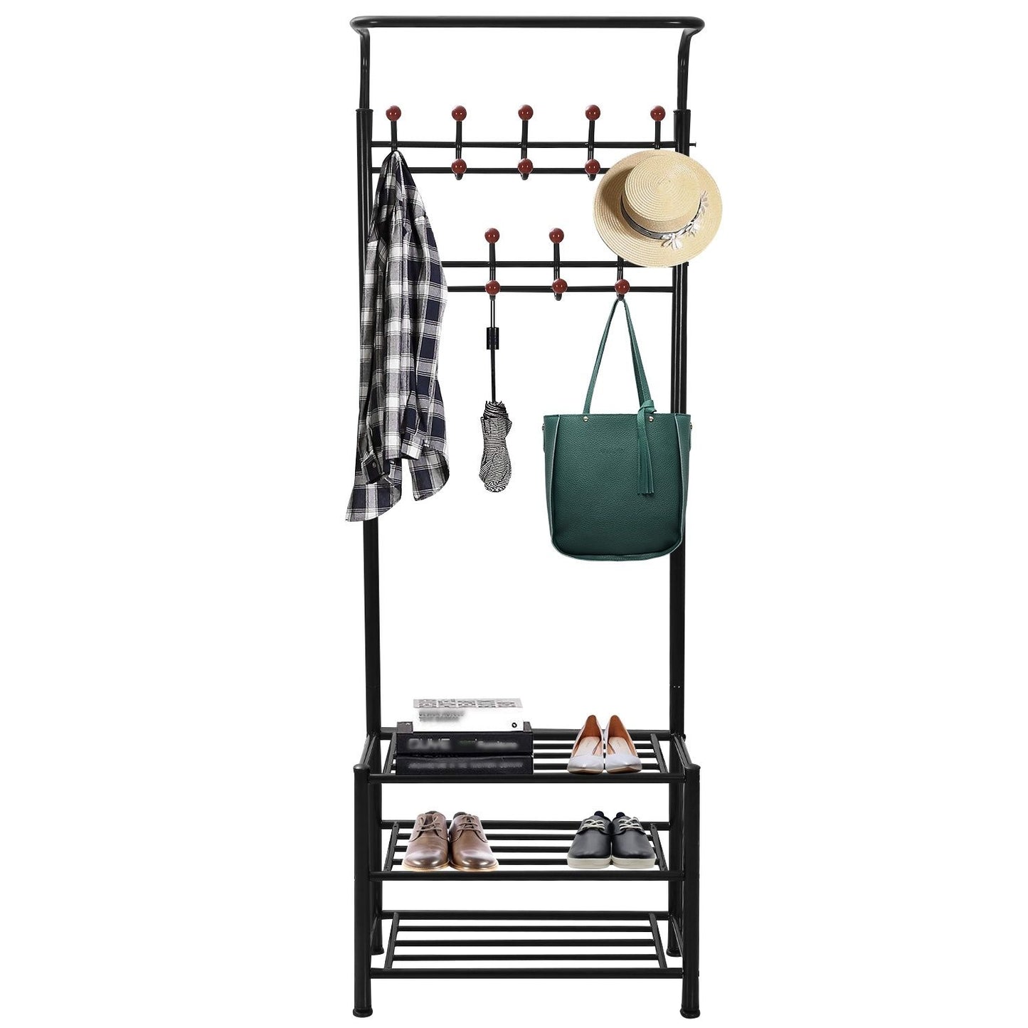 Metal Entryway Coat Shoe Rack Hall Tree w/ 3-Tier Shoe Bench Shoe Storage 18 Hooks Coat Hat Rack