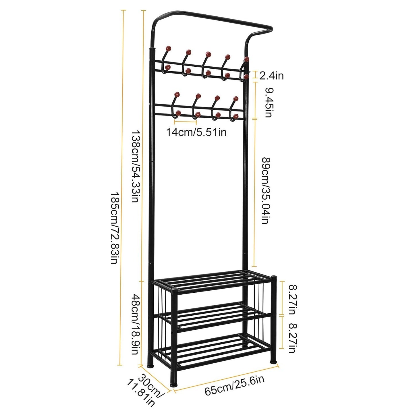 Metal Entryway Coat Shoe Rack Hall Tree w/ 3-Tier Shoe Bench Shoe Storage 18 Hooks Coat Hat Rack