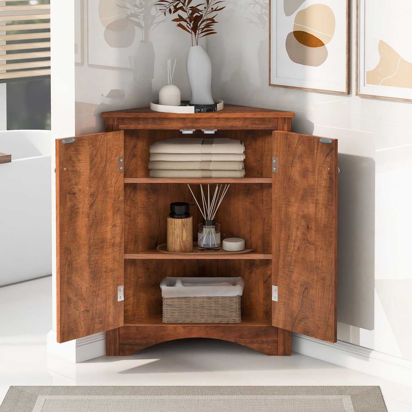 Triangle Bathroom Storage Cabinet with Adjustable Shelves; Freestanding Floor Cabinet for Home Kitchen