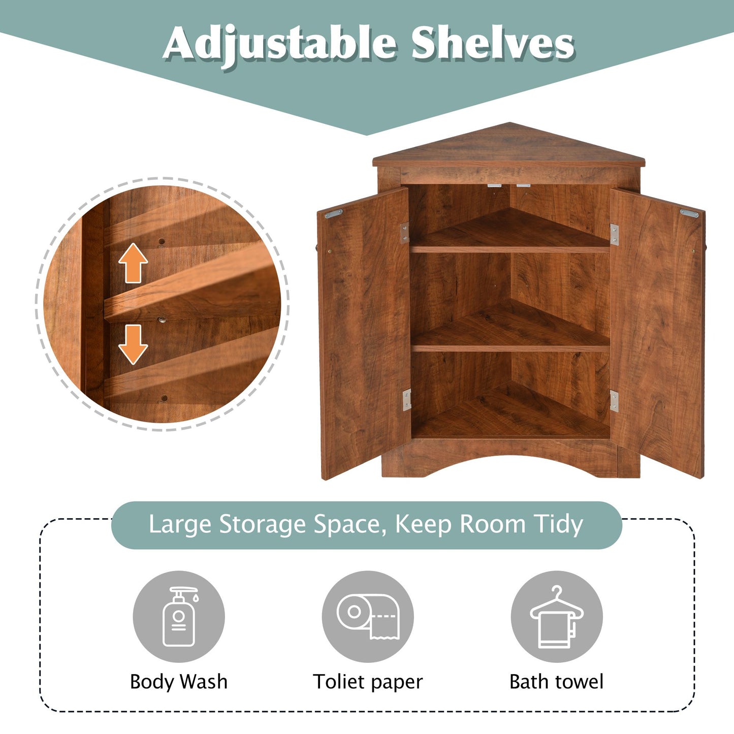 Triangle Bathroom Storage Cabinet with Adjustable Shelves; Freestanding Floor Cabinet for Home Kitchen