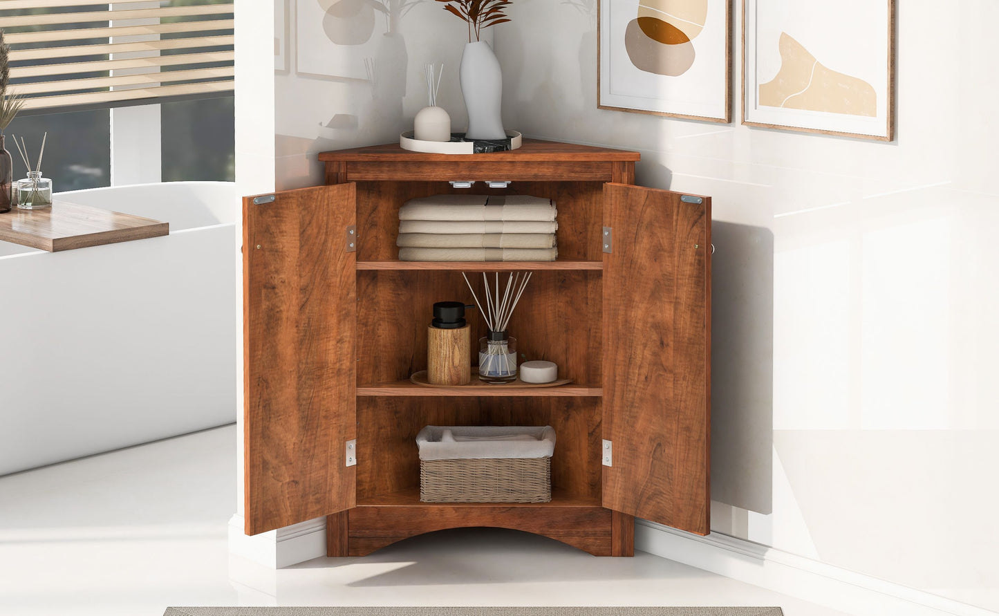 Triangle Bathroom Storage Cabinet with Adjustable Shelves; Freestanding Floor Cabinet for Home Kitchen