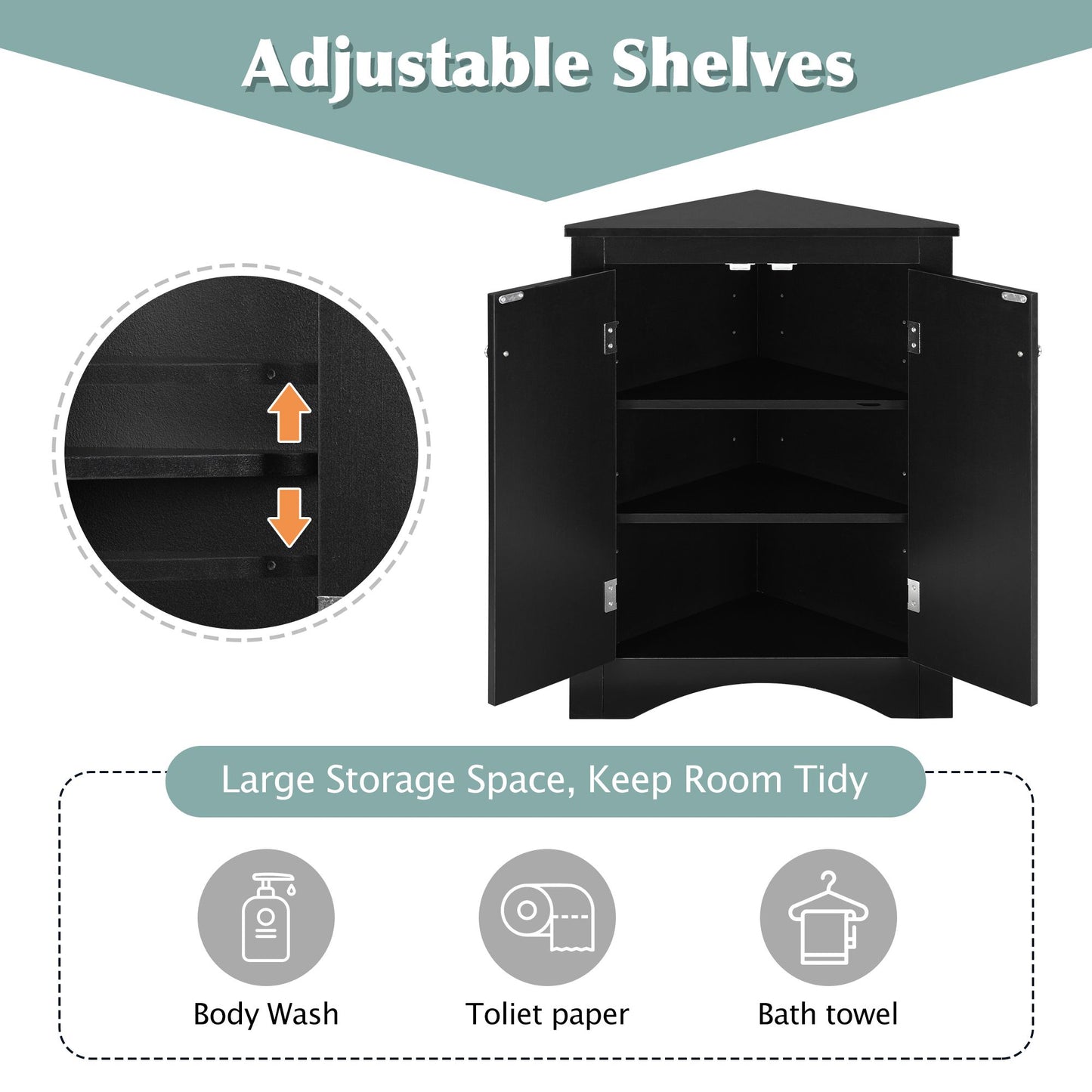 Triangle Bathroom Storage Cabinet with Adjustable Shelves; Freestanding Floor Cabinet for Home Kitchen