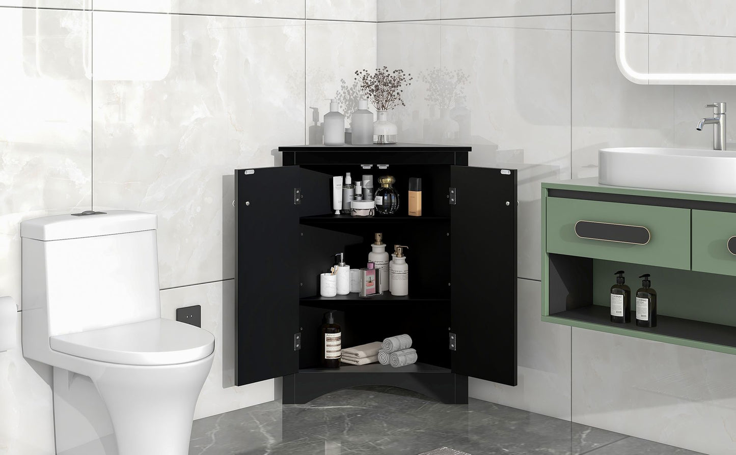 Triangle Bathroom Storage Cabinet with Adjustable Shelves; Freestanding Floor Cabinet for Home Kitchen