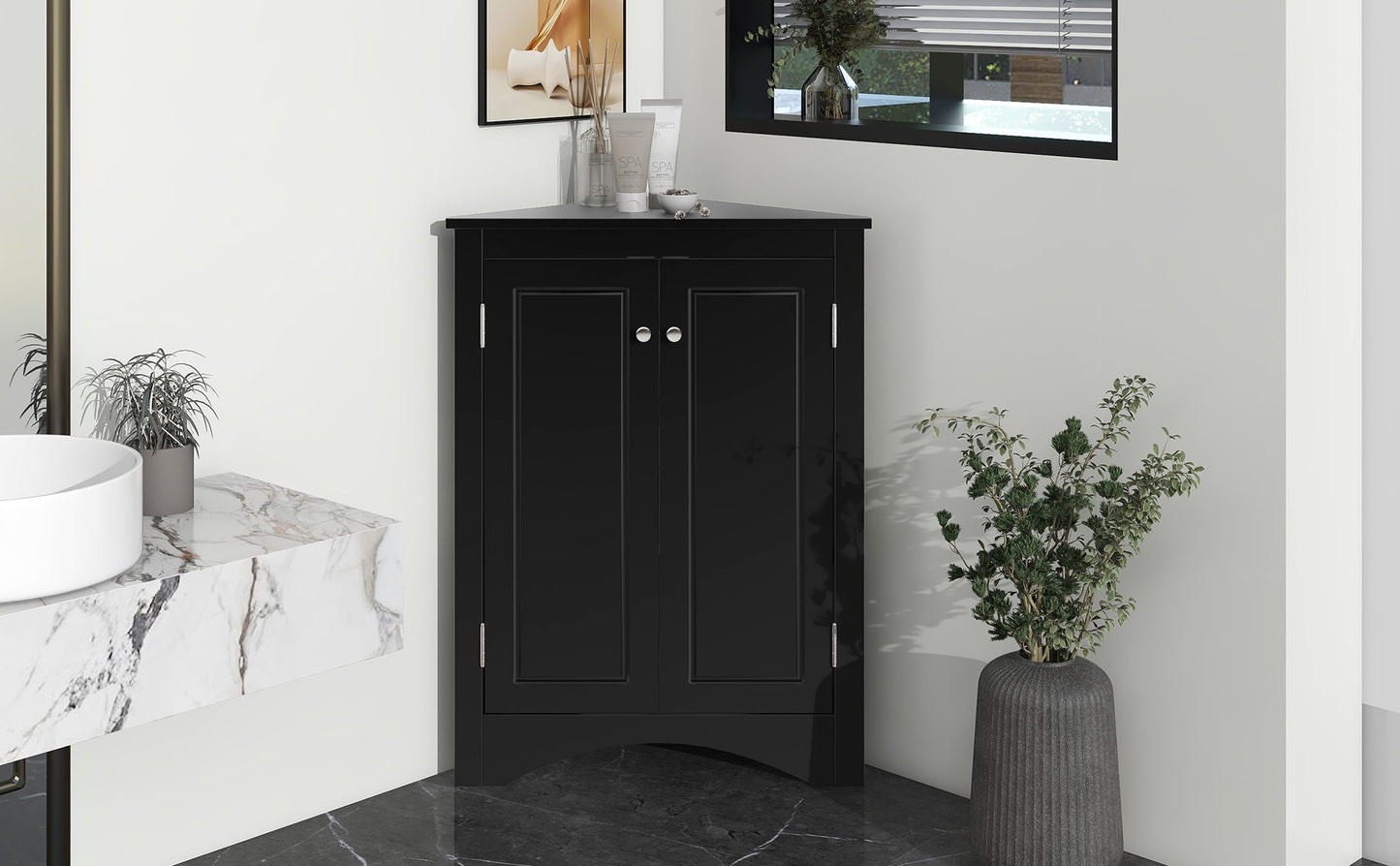 Triangle Bathroom Storage Cabinet with Adjustable Shelves; Freestanding Floor Cabinet for Home Kitchen
