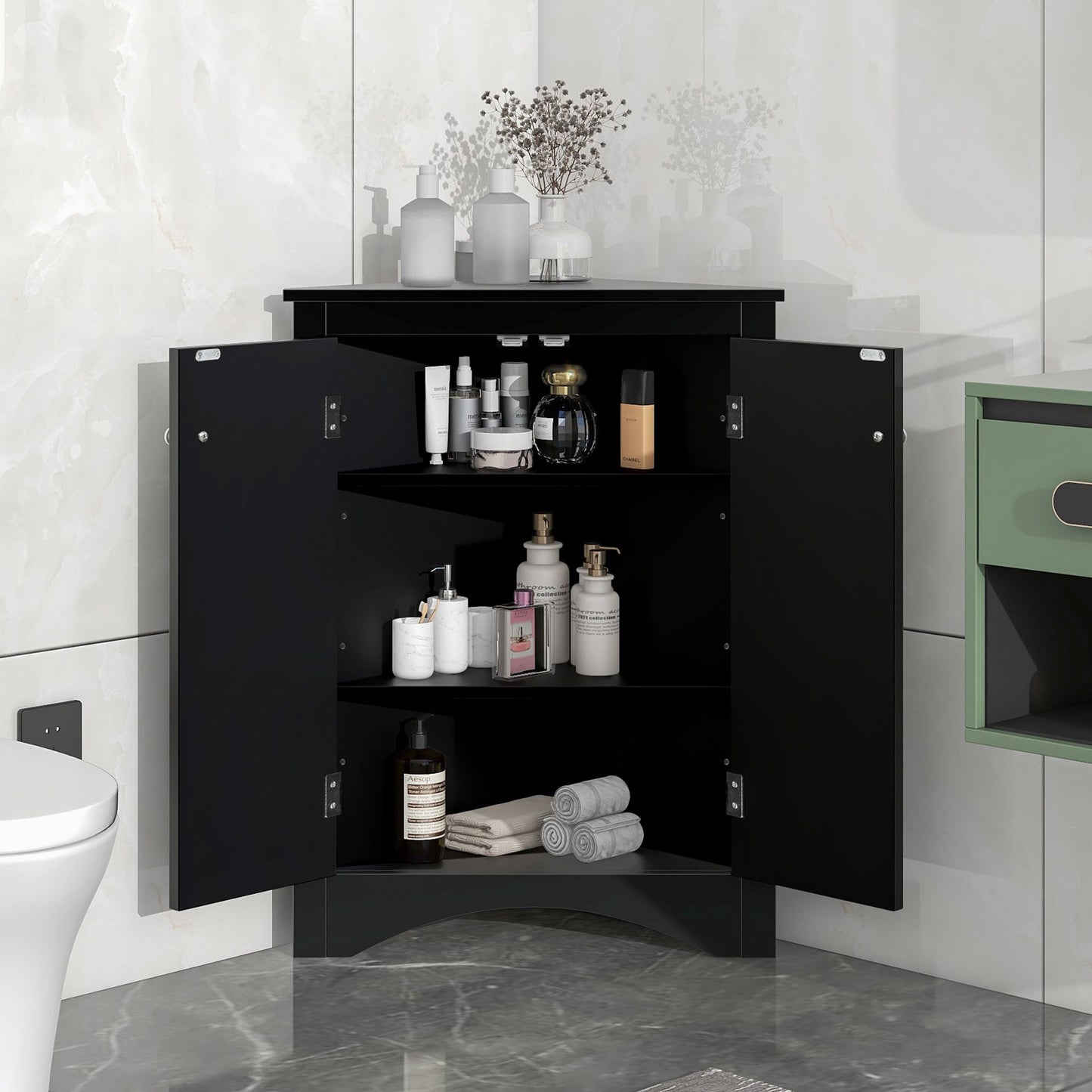 Triangle Bathroom Storage Cabinet with Adjustable Shelves; Freestanding Floor Cabinet for Home Kitchen