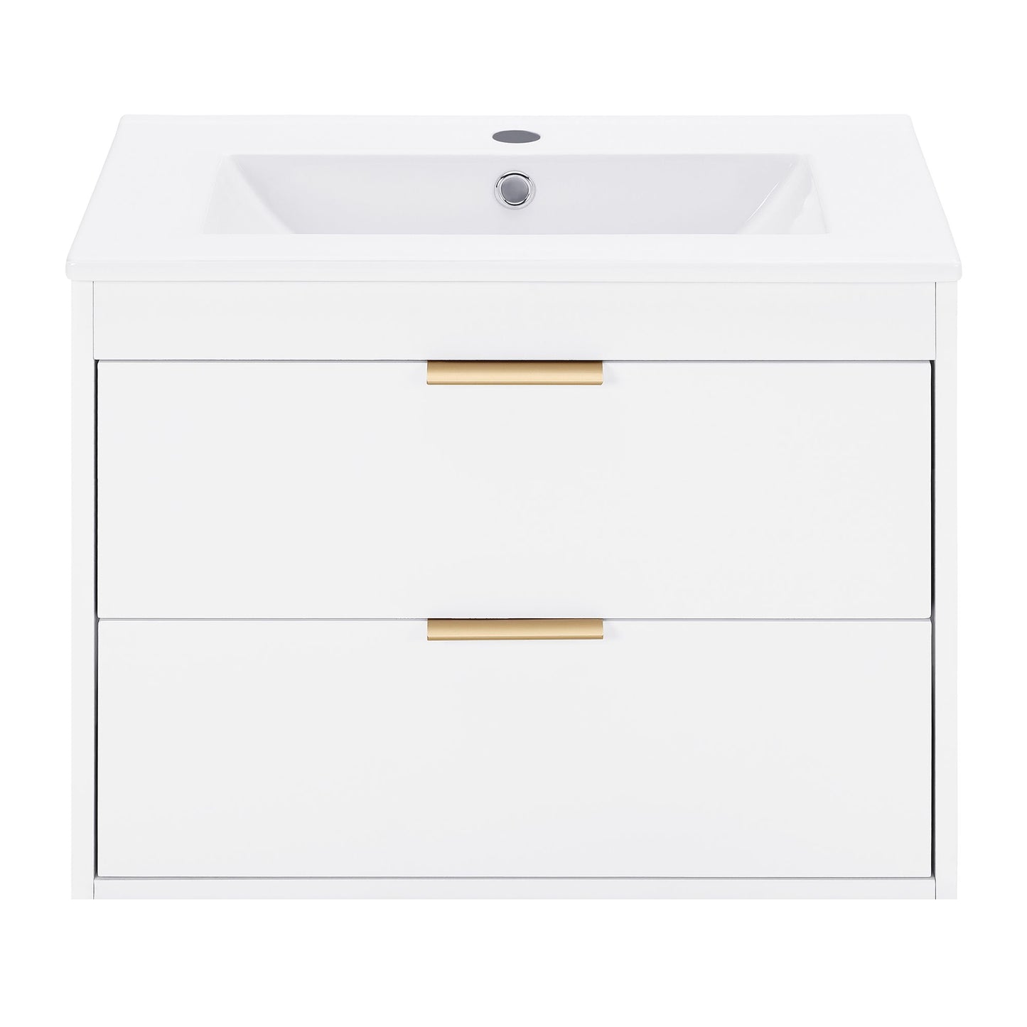 24" floating wall mounted bathroom vanity with white ceramic sink and drawer storage