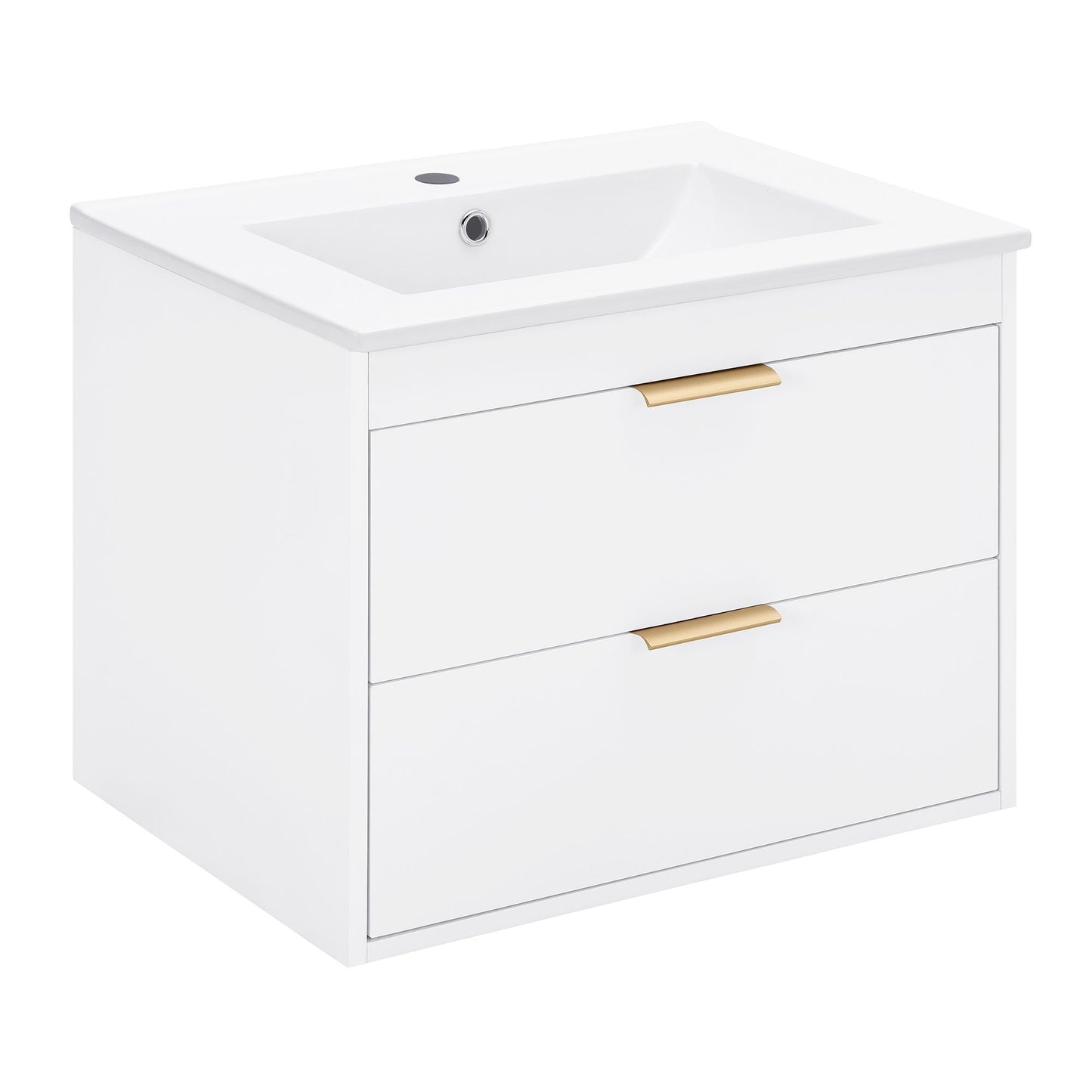 24" floating wall mounted bathroom vanity with white ceramic sink and drawer storage