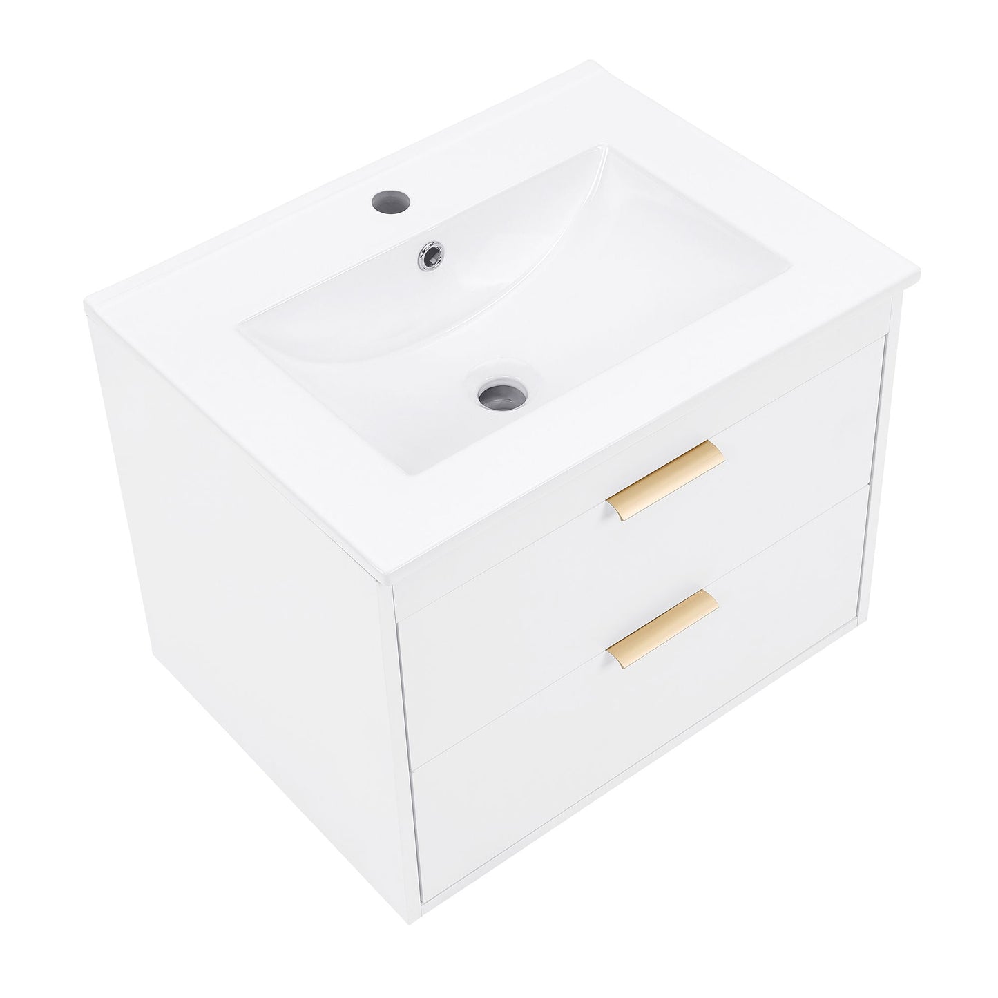24" floating wall mounted bathroom vanity with white ceramic sink and drawer storage