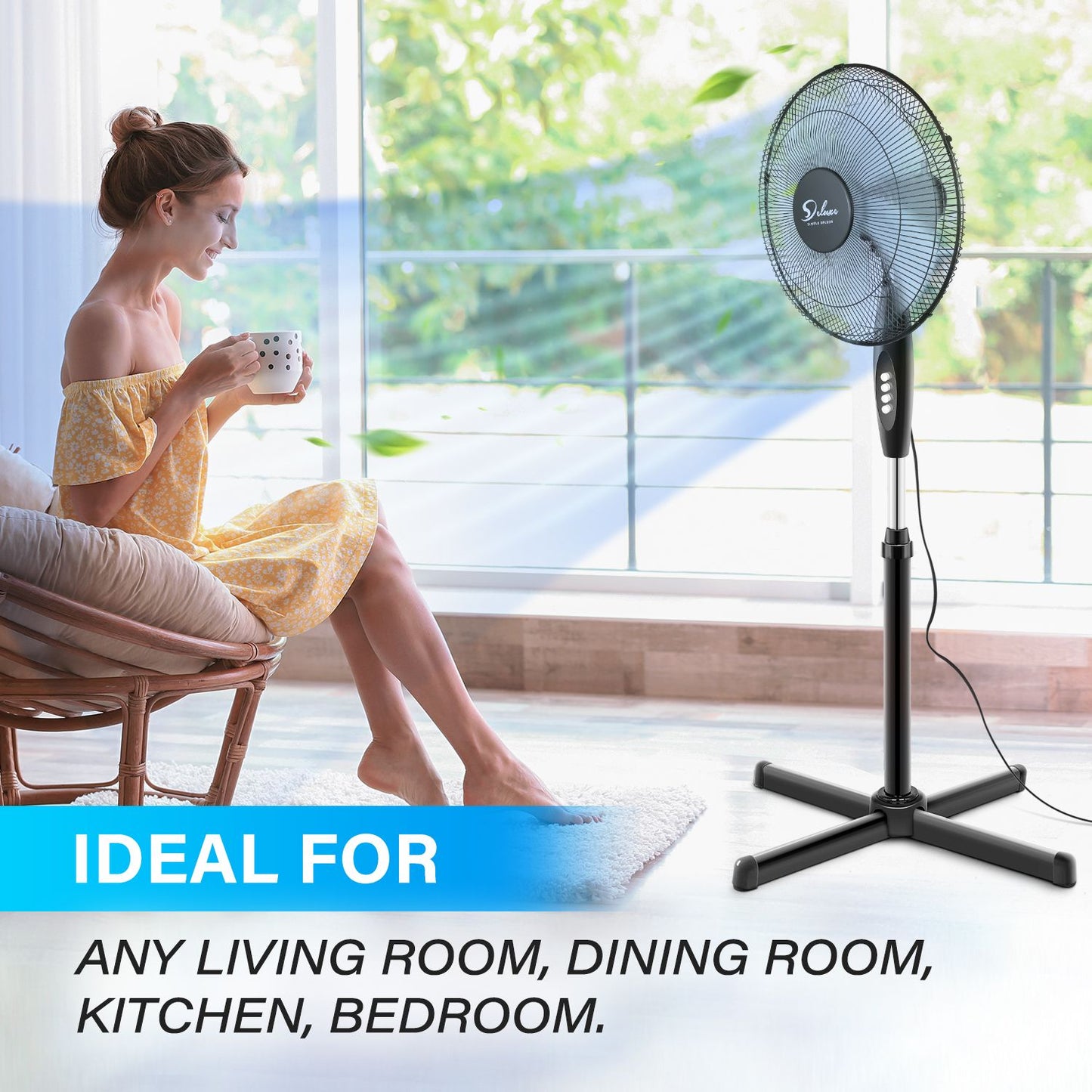 Simple Deluxe Oscillating 16″ 3 Adjustable Speed Pedestal Stand Fan for Indoor; Bedroom; Living Room; Home Office & College Dorm Use; 16 Inch; Black