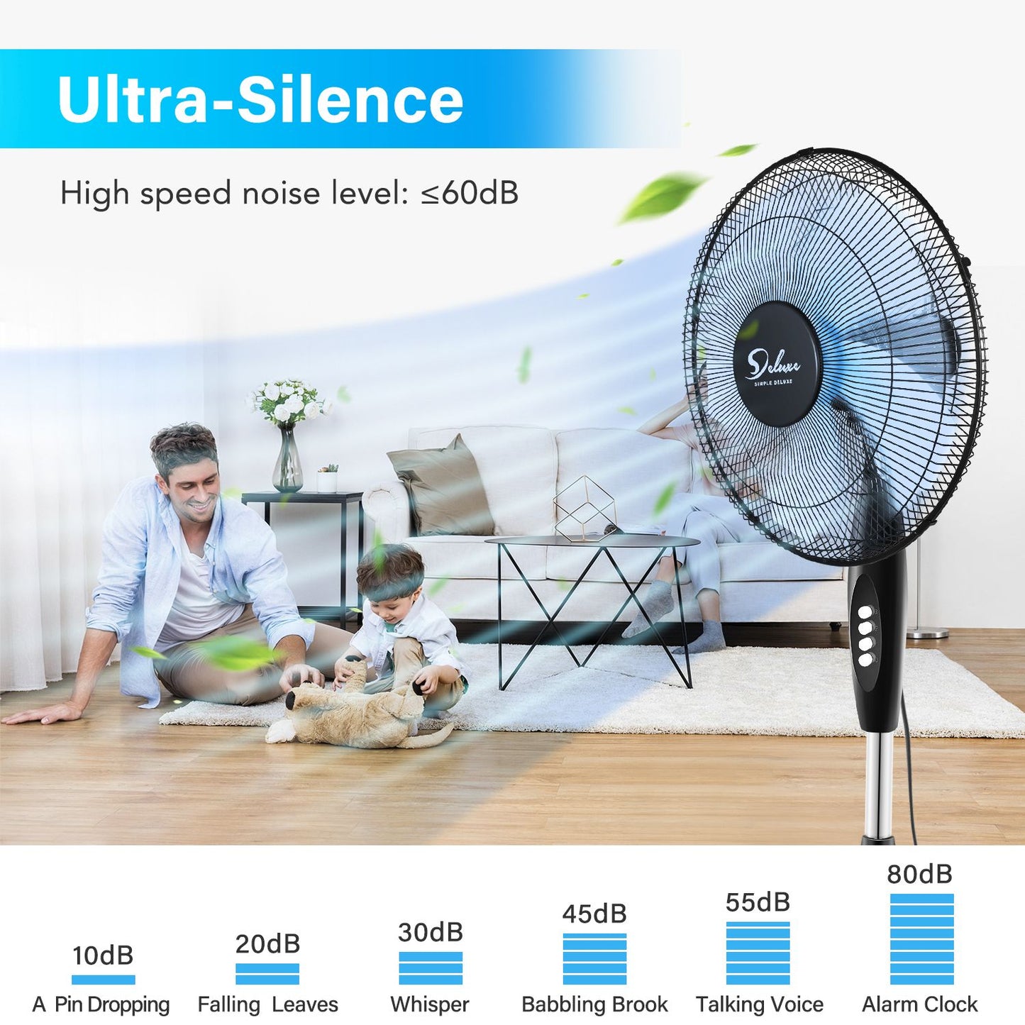 Simple Deluxe Oscillating 16″ 3 Adjustable Speed Pedestal Stand Fan for Indoor; Bedroom; Living Room; Home Office & College Dorm Use; 16 Inch; Black