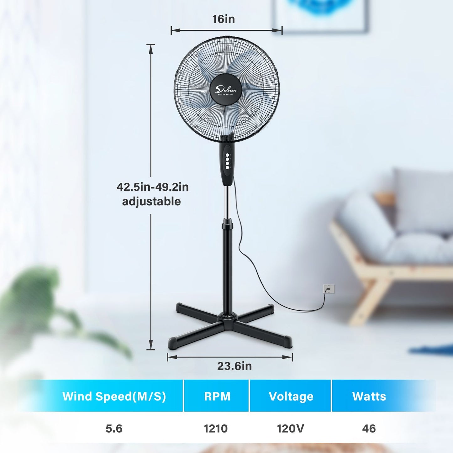 Simple Deluxe Oscillating 16″ 3 Adjustable Speed Pedestal Stand Fan for Indoor; Bedroom; Living Room; Home Office & College Dorm Use; 16 Inch; Black