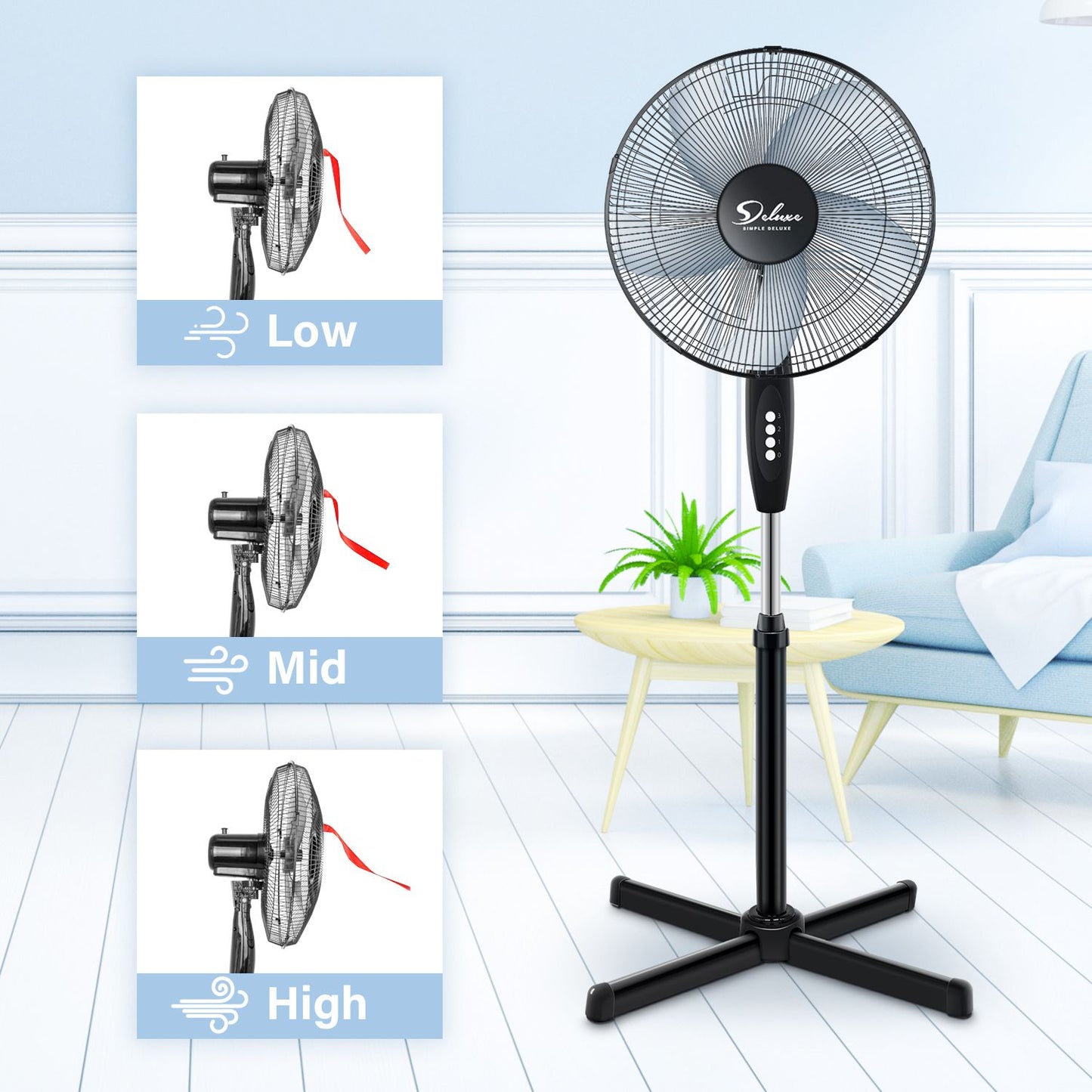 Simple Deluxe Oscillating 16″ 3 Adjustable Speed Pedestal Stand Fan for Indoor; Bedroom; Living Room; Home Office & College Dorm Use; 16 Inch; Black