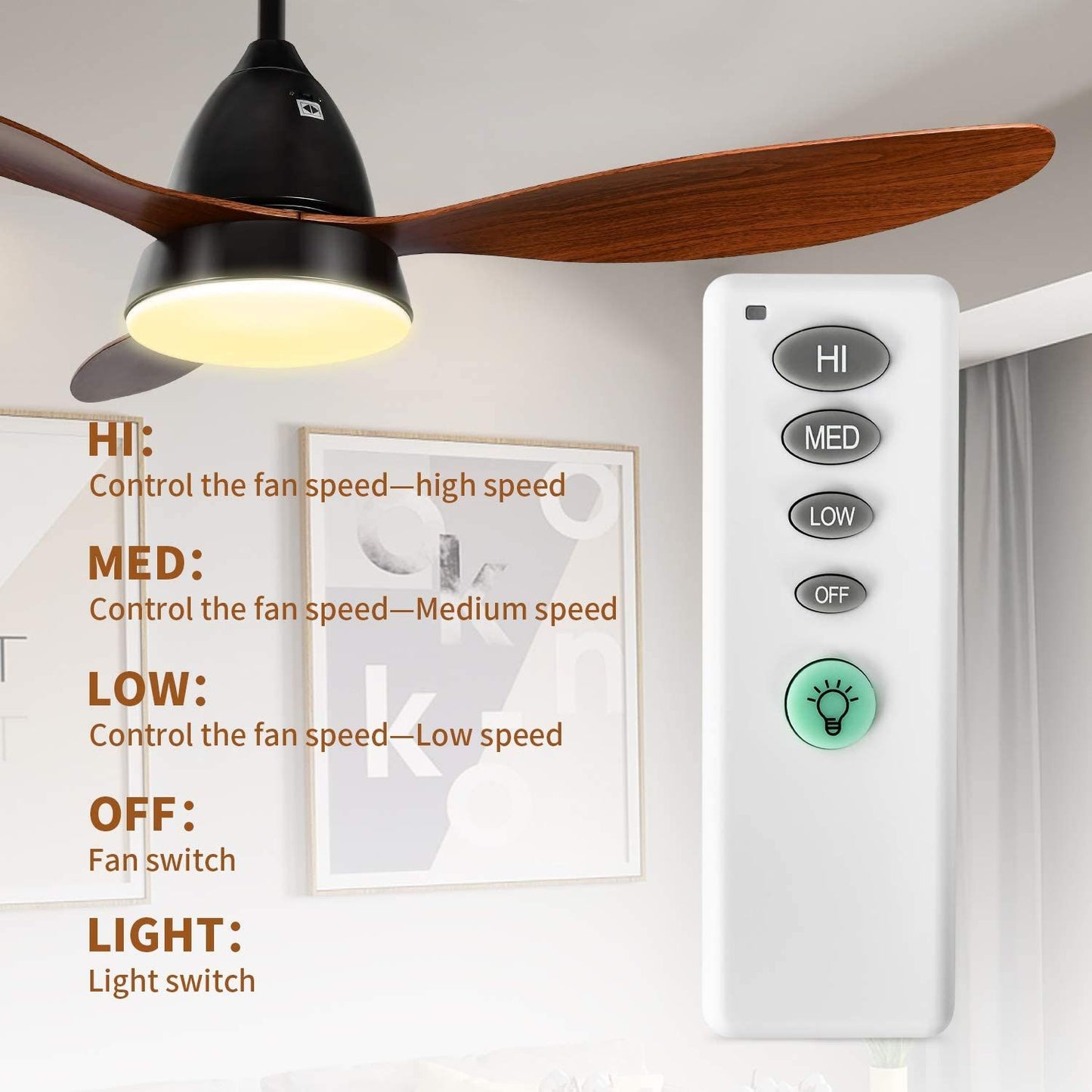 ANKEE Ceiling Fans, 52'' Ceiling Fan with LED Frosted Light and Remote Control, Brushed Nickel Finish Blades for Living Room Kitchen Bedroom Dining Room, Brown-black