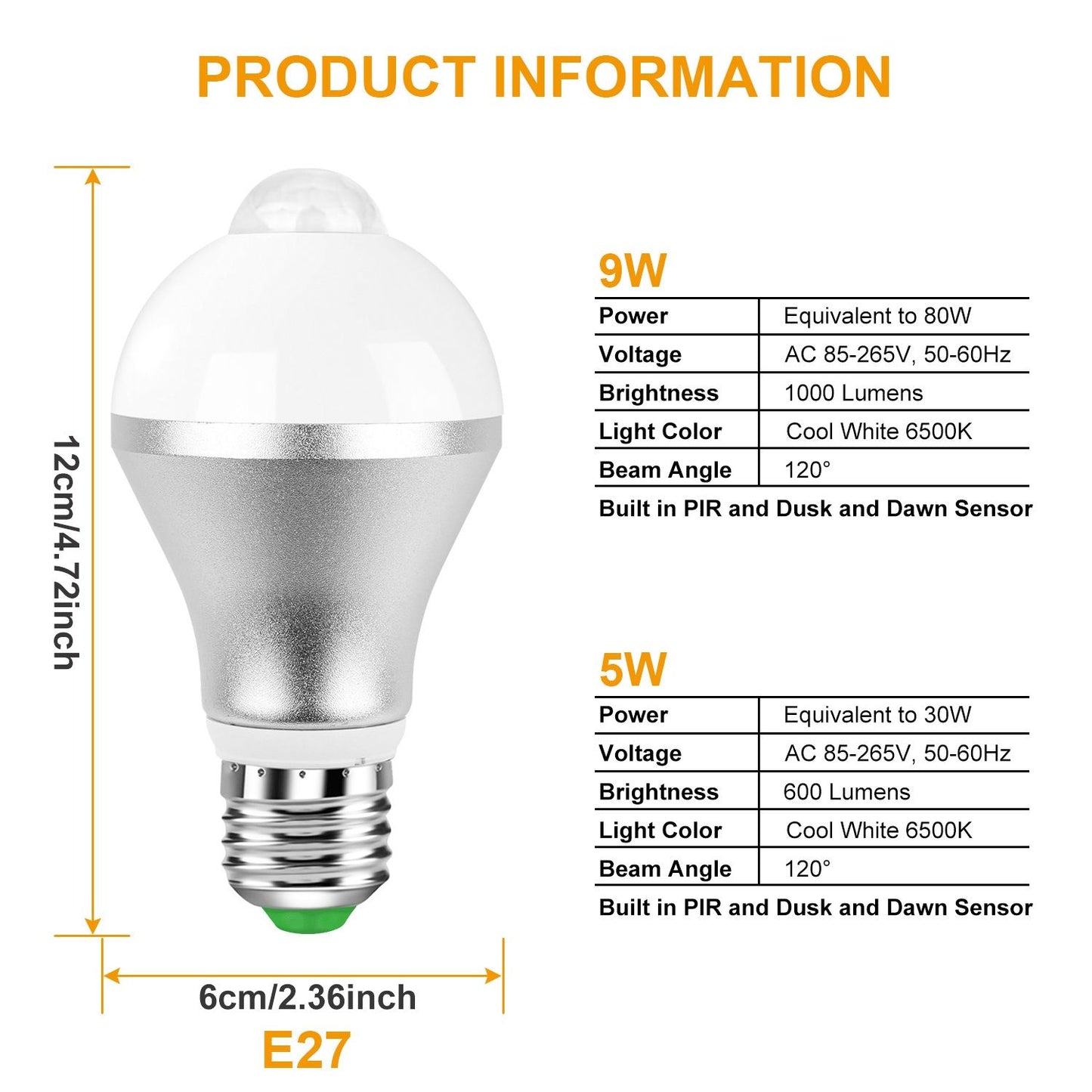 E27 Motion Sensor Light Bulb 9W/5W 1000LM 6500K Dusk to Dawn Automatic On/Off LED Light Bulb Indoor Outdoor Use