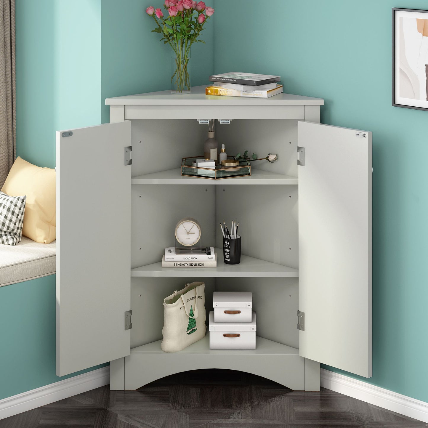 Triangle Bathroom Storage Cabinet with Adjustable Shelves; Freestanding Floor Cabinet for Home Kitchen