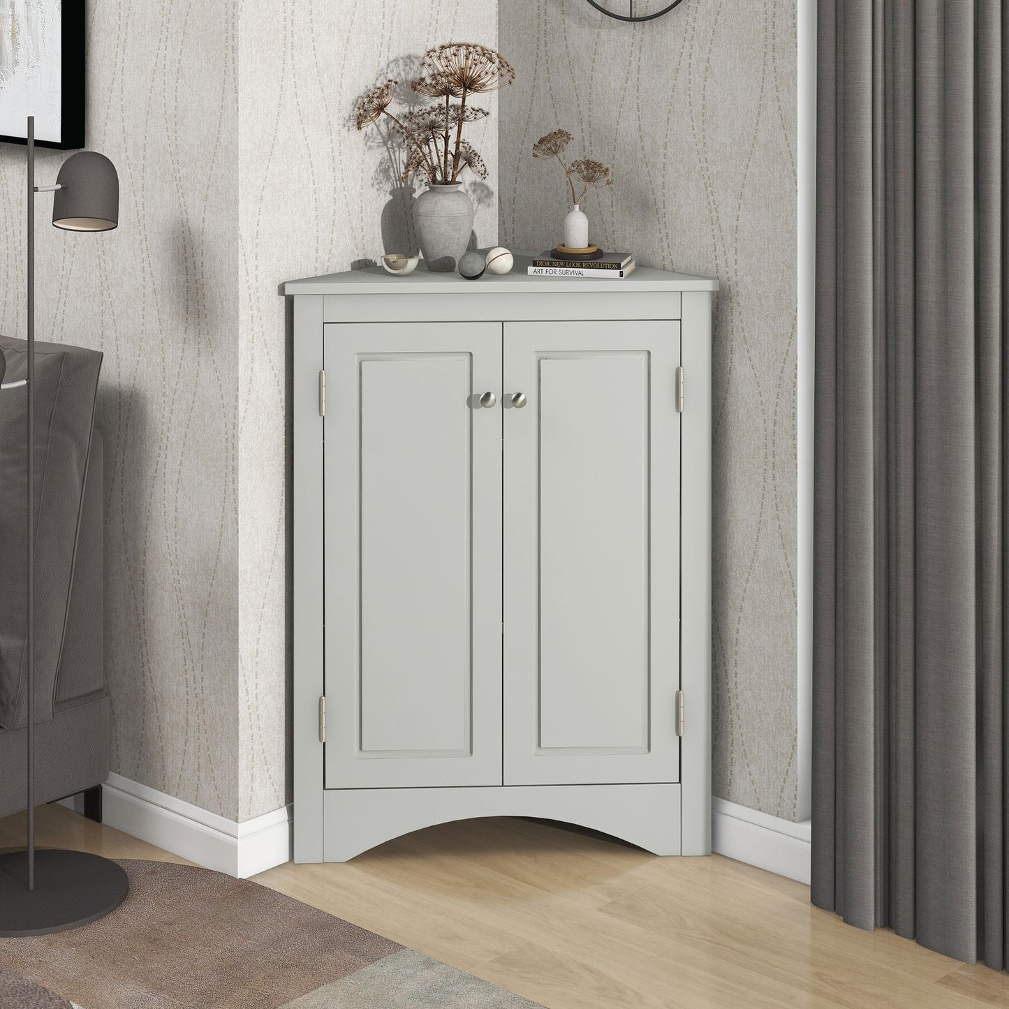 Triangle Bathroom Storage Cabinet with Adjustable Shelves; Freestanding Floor Cabinet for Home Kitchen