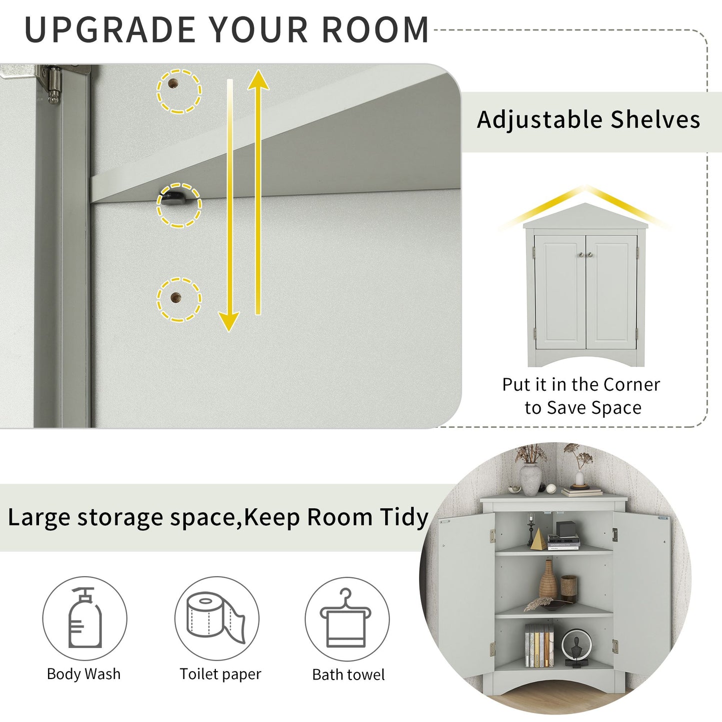 Triangle Bathroom Storage Cabinet with Adjustable Shelves; Freestanding Floor Cabinet for Home Kitchen