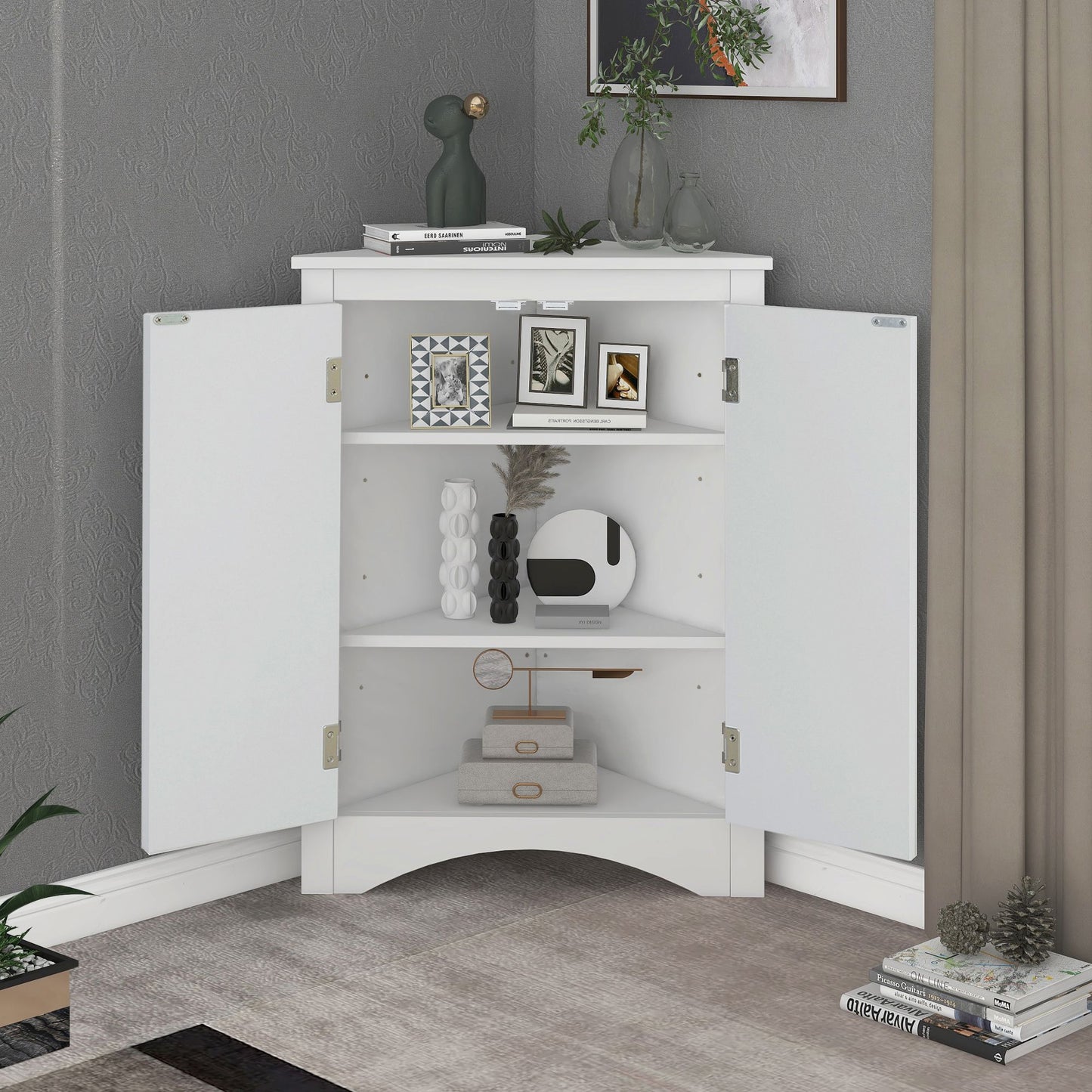 Triangle Bathroom Storage Cabinet with Adjustable Shelves; Freestanding Floor Cabinet for Home Kitchen