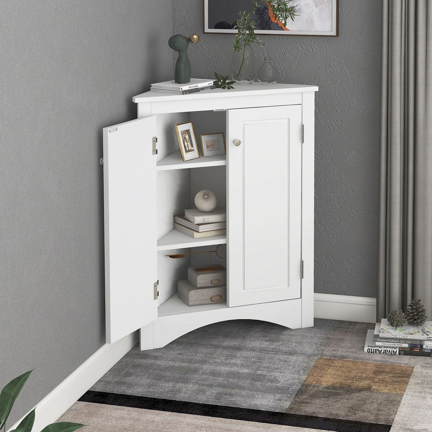 Triangle Bathroom Storage Cabinet with Adjustable Shelves; Freestanding Floor Cabinet for Home Kitchen