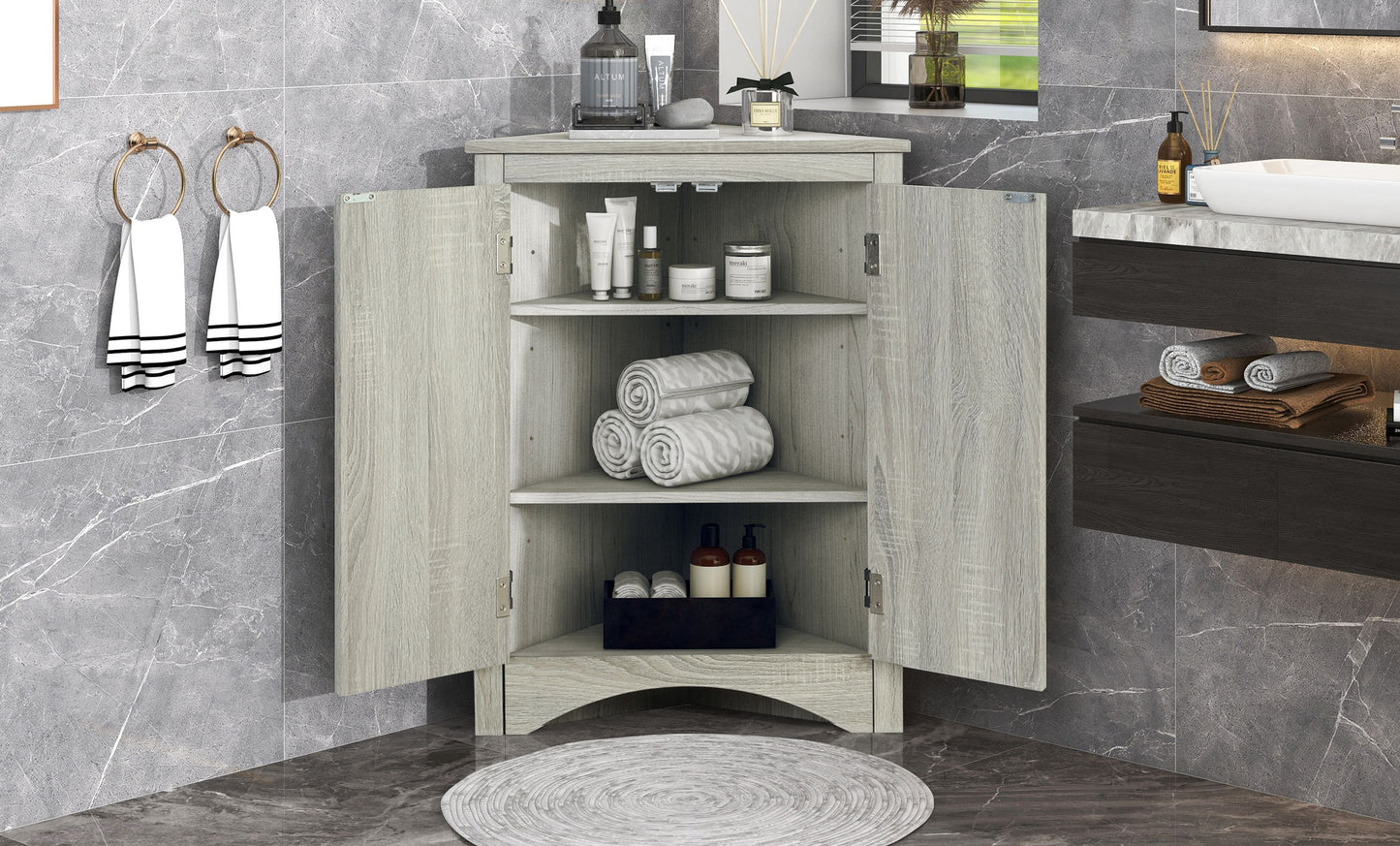 Triangle Bathroom Storage Cabinet with Adjustable Shelves; Freestanding Floor Cabinet for Home Kitchen