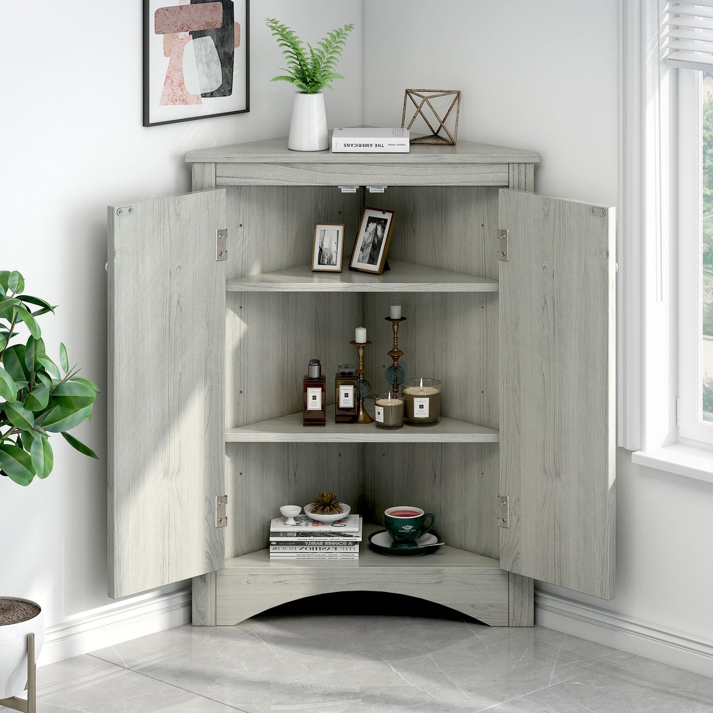 Triangle Bathroom Storage Cabinet with Adjustable Shelves; Freestanding Floor Cabinet for Home Kitchen
