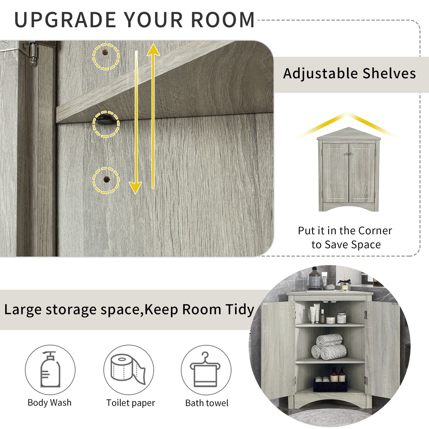 Triangle Bathroom Storage Cabinet with Adjustable Shelves; Freestanding Floor Cabinet for Home Kitchen