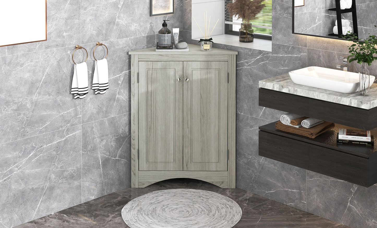 Triangle Bathroom Storage Cabinet with Adjustable Shelves; Freestanding Floor Cabinet for Home Kitchen