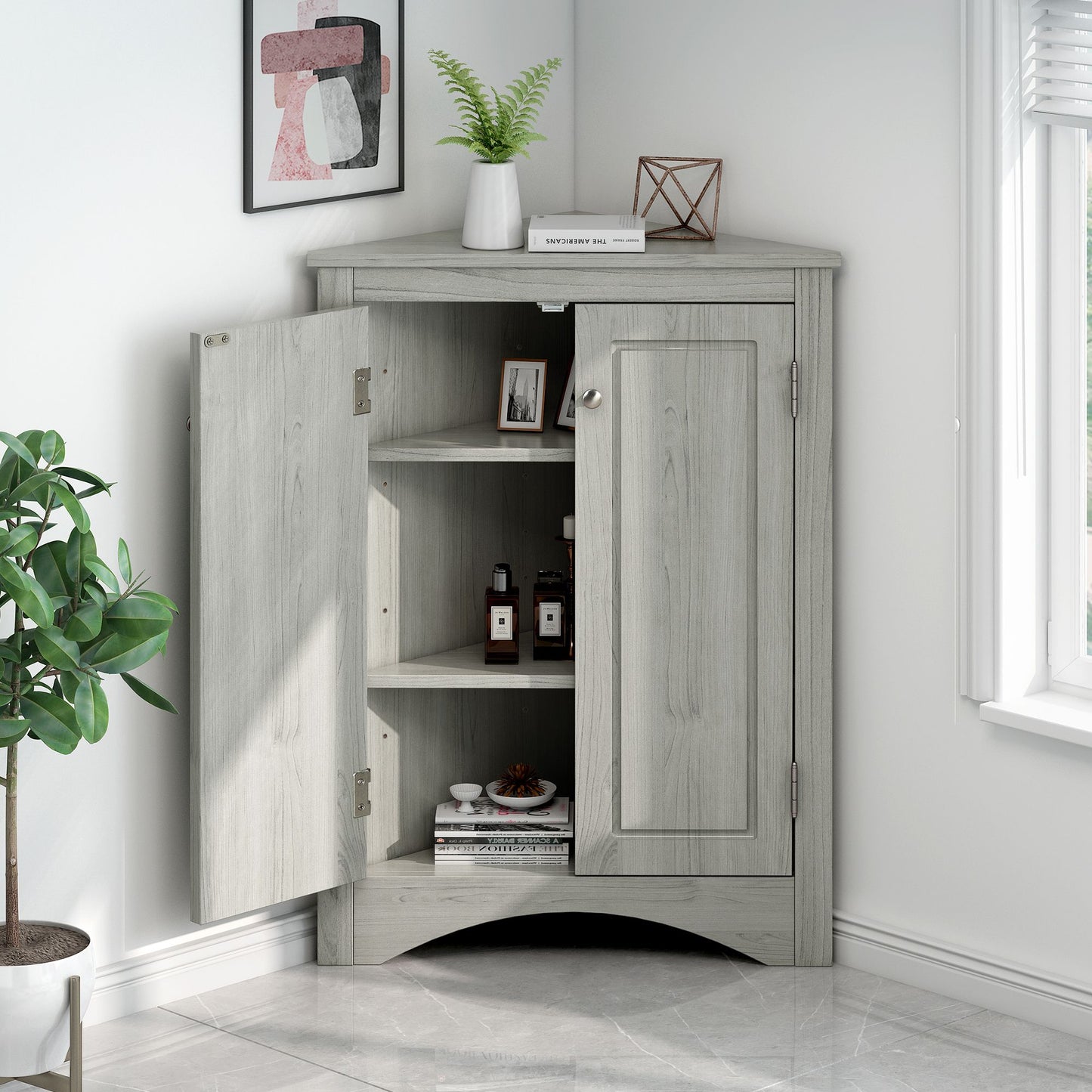 Triangle Bathroom Storage Cabinet with Adjustable Shelves; Freestanding Floor Cabinet for Home Kitchen