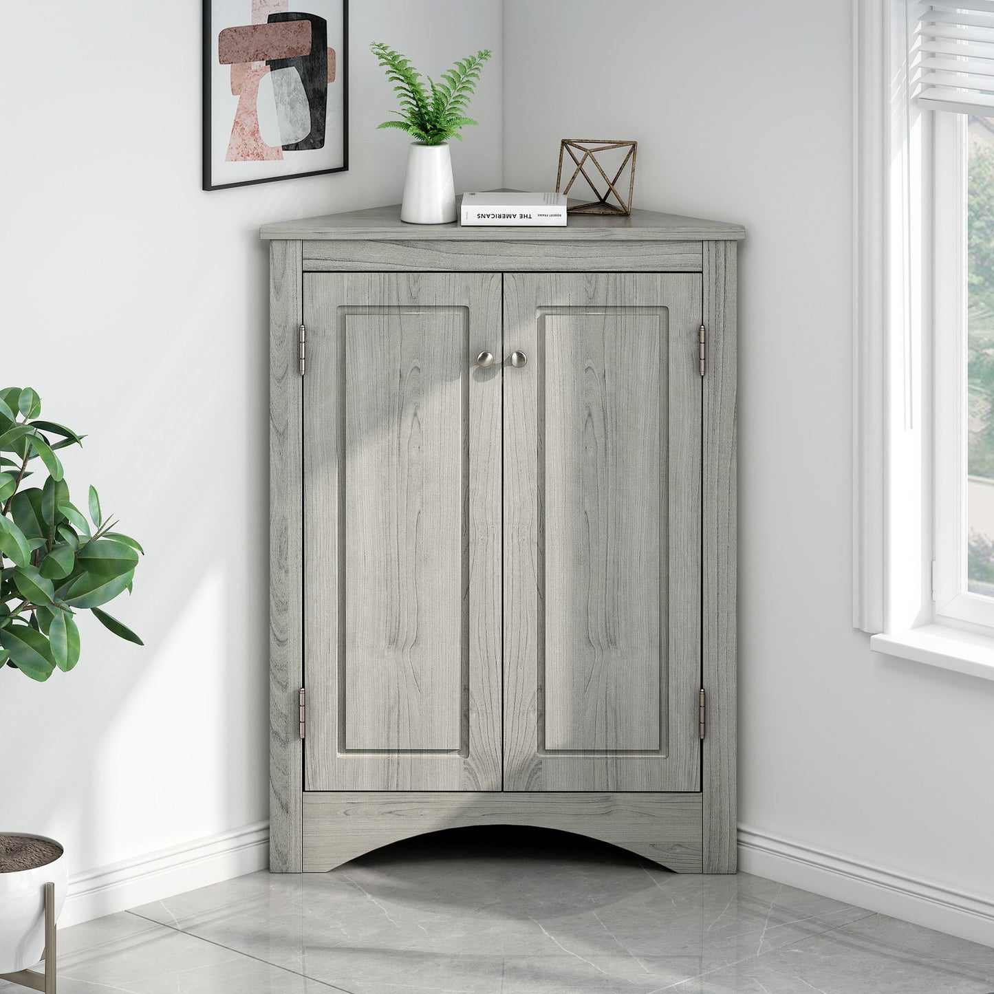 Triangle Bathroom Storage Cabinet with Adjustable Shelves; Freestanding Floor Cabinet for Home Kitchen