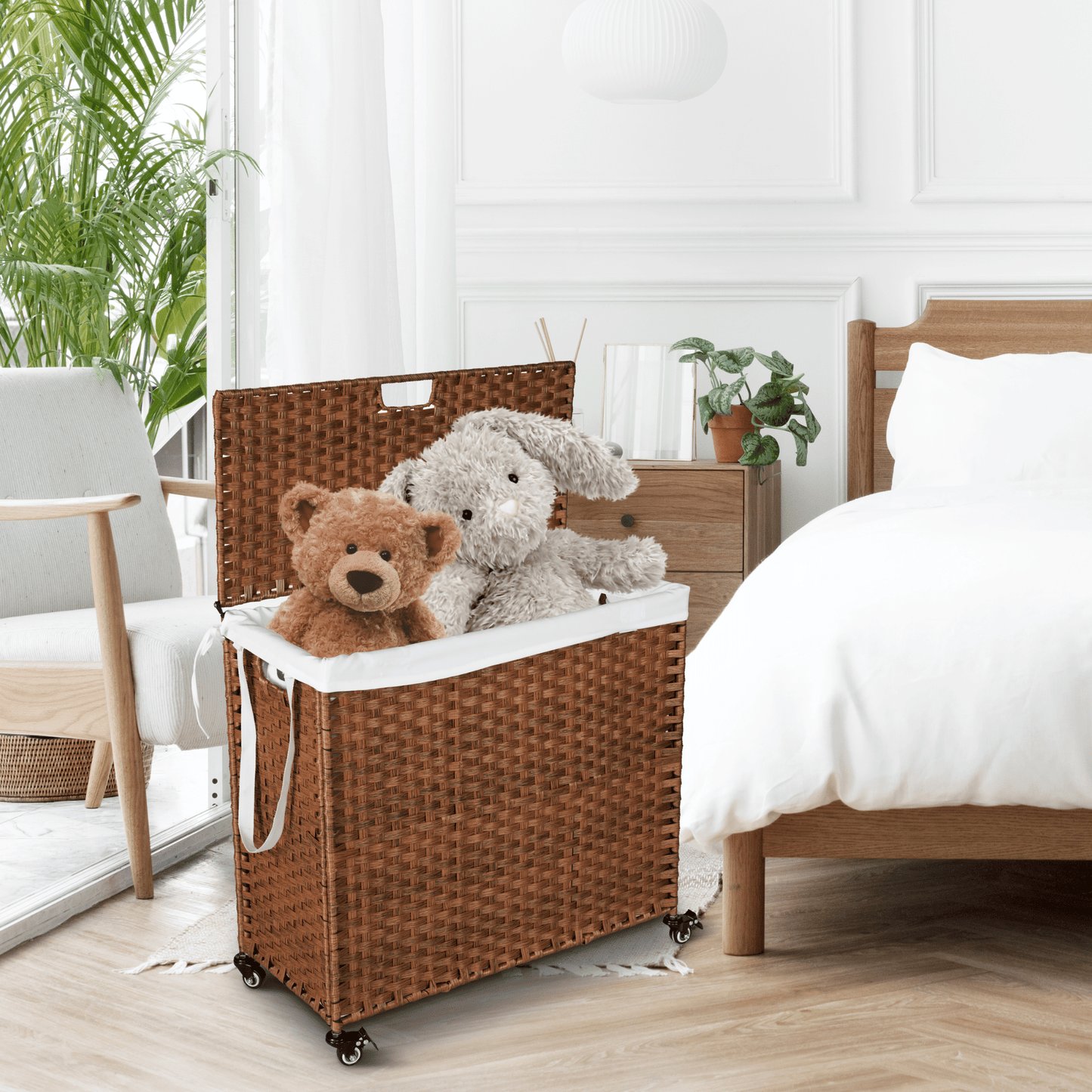 Laundry Hamper With Lid PE Rattan Powder Coating Frame Clothes Hampers with 02 Removable Bags, Wheels, 160L, Brown Color