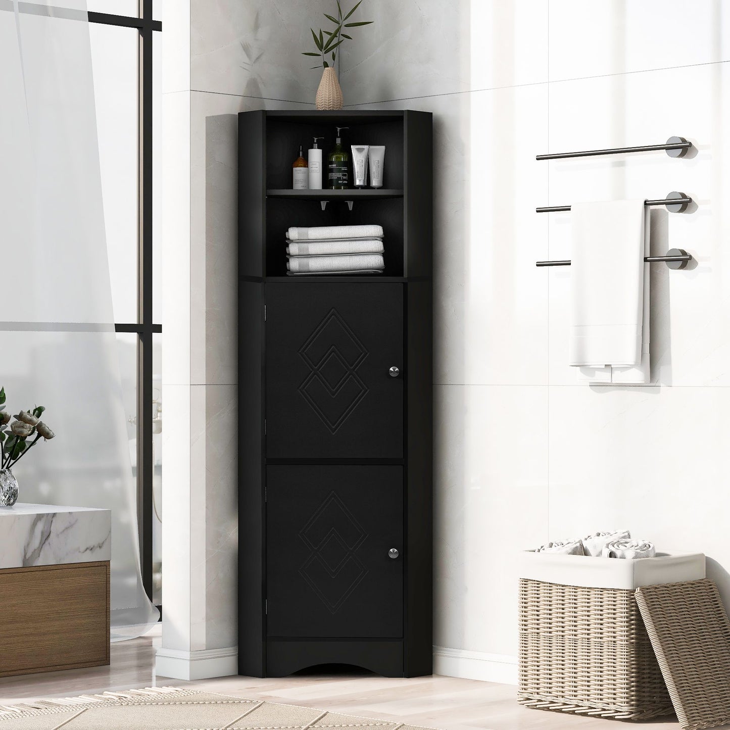 Tall Bathroom Corner Cabinet; Freestanding Storage Cabinet with Doors and Adjustable Shelves; MDF Board