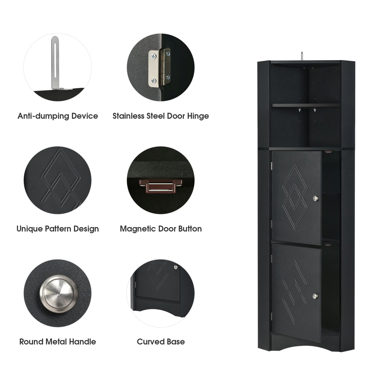 Tall Bathroom Corner Cabinet; Freestanding Storage Cabinet with Doors and Adjustable Shelves; MDF Board