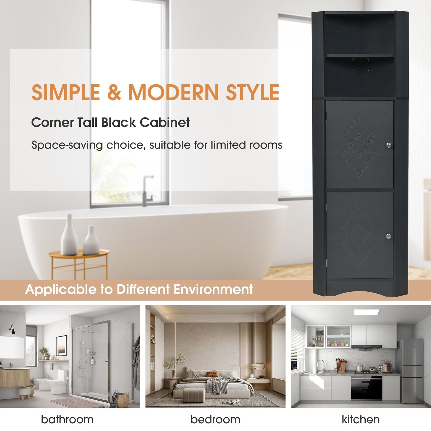 Tall Bathroom Corner Cabinet; Freestanding Storage Cabinet with Doors and Adjustable Shelves; MDF Board