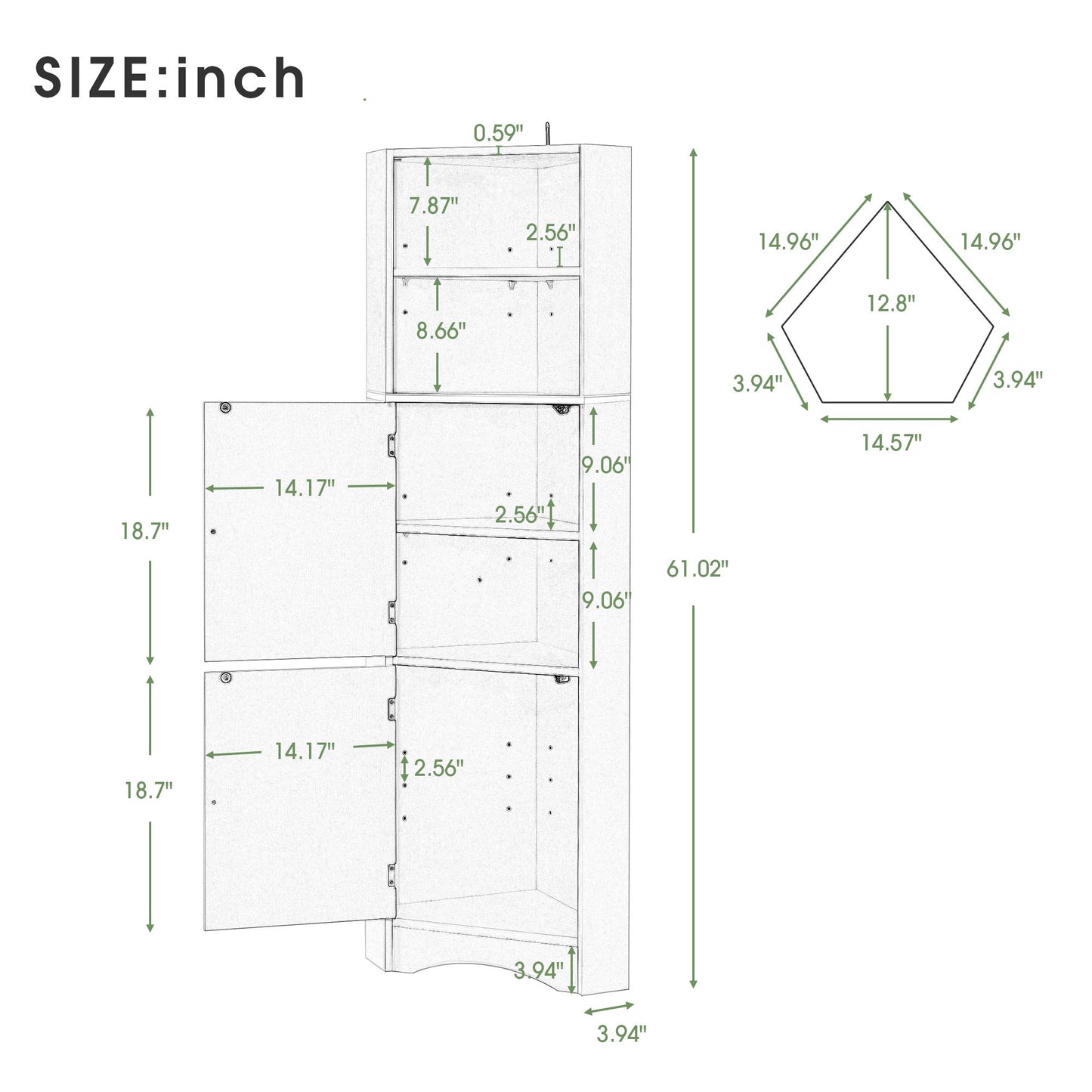 Tall Bathroom Corner Cabinet; Freestanding Storage Cabinet with Doors and Adjustable Shelves; MDF Board