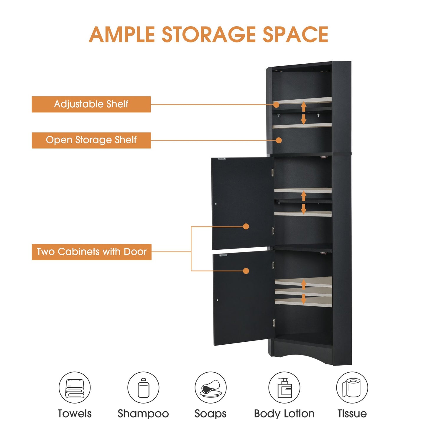 Tall Bathroom Corner Cabinet; Freestanding Storage Cabinet with Doors and Adjustable Shelves; MDF Board
