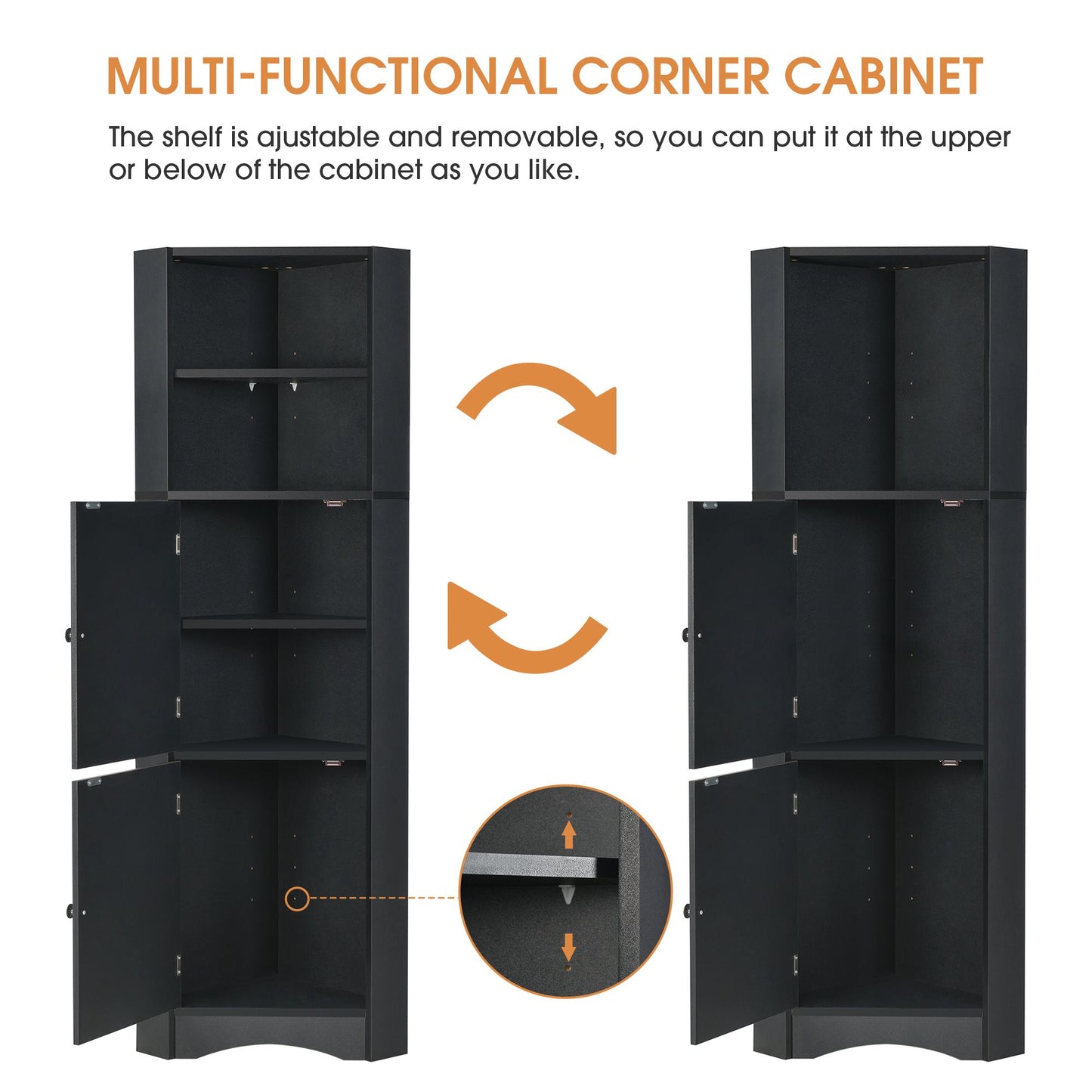 Tall Bathroom Corner Cabinet; Freestanding Storage Cabinet with Doors and Adjustable Shelves; MDF Board