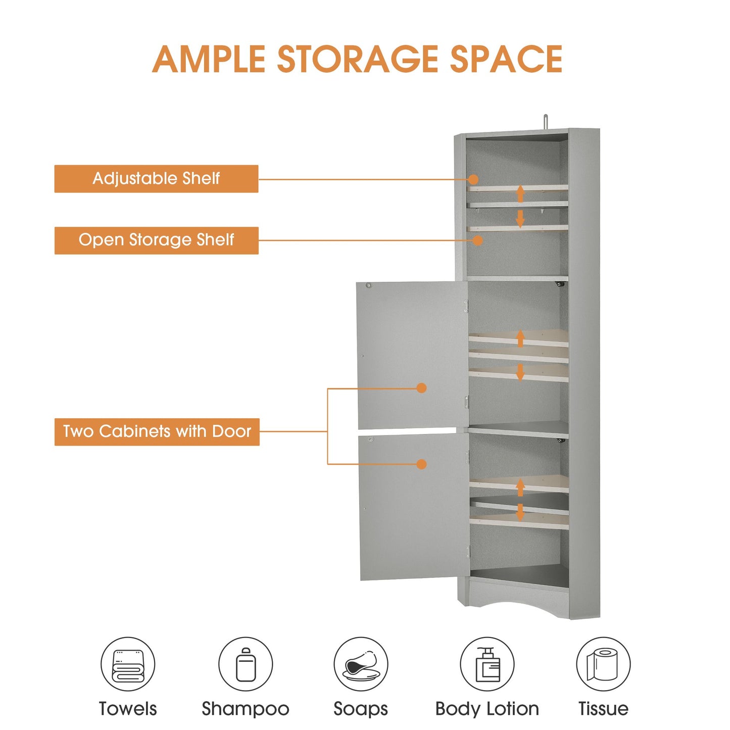 Tall Bathroom Corner Cabinet; Freestanding Storage Cabinet with Doors and Adjustable Shelves; MDF Board