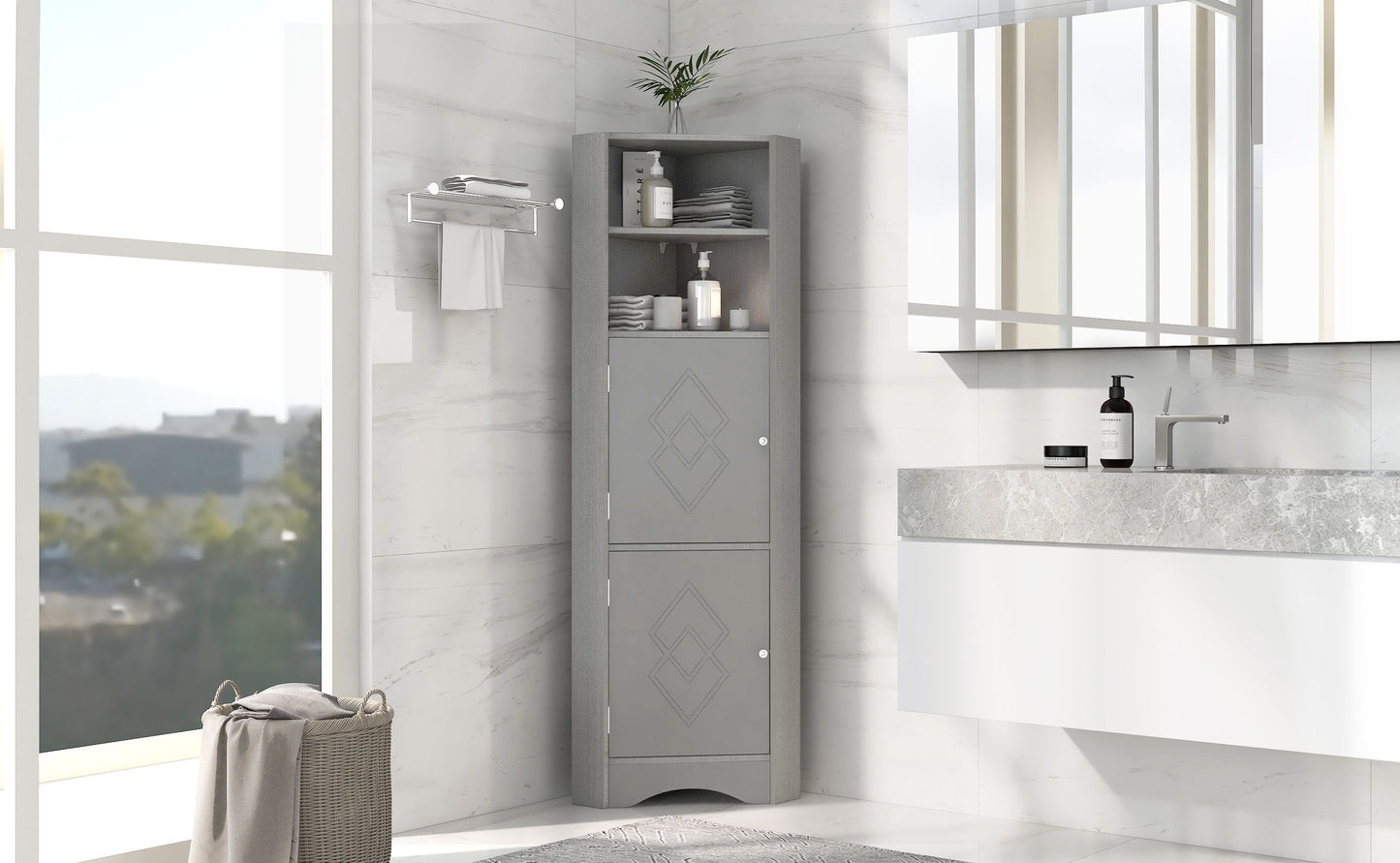 Tall Bathroom Corner Cabinet; Freestanding Storage Cabinet with Doors and Adjustable Shelves; MDF Board