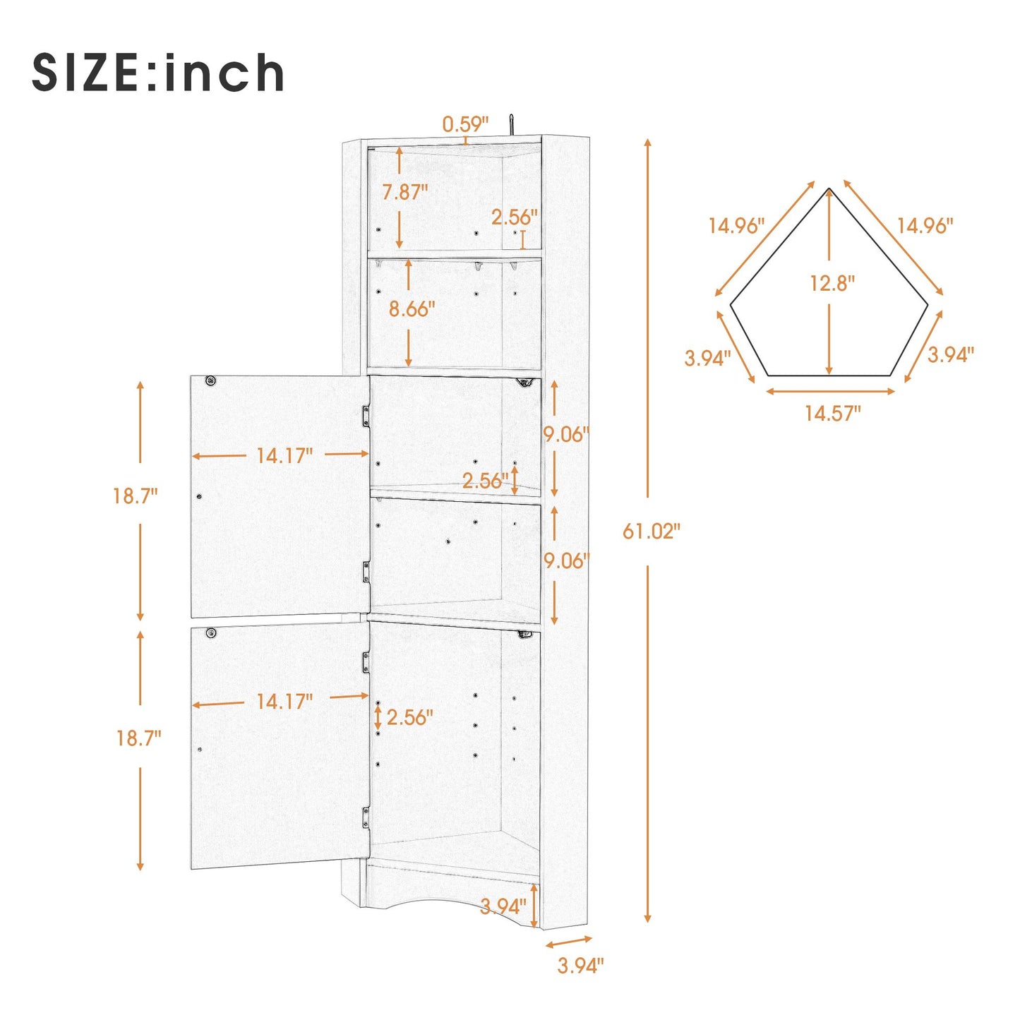 Tall Bathroom Corner Cabinet; Freestanding Storage Cabinet with Doors and Adjustable Shelves; MDF Board