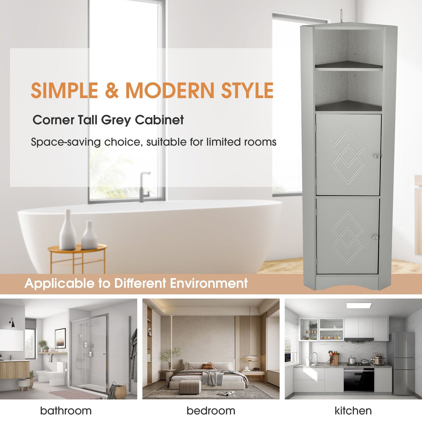 Tall Bathroom Corner Cabinet; Freestanding Storage Cabinet with Doors and Adjustable Shelves; MDF Board