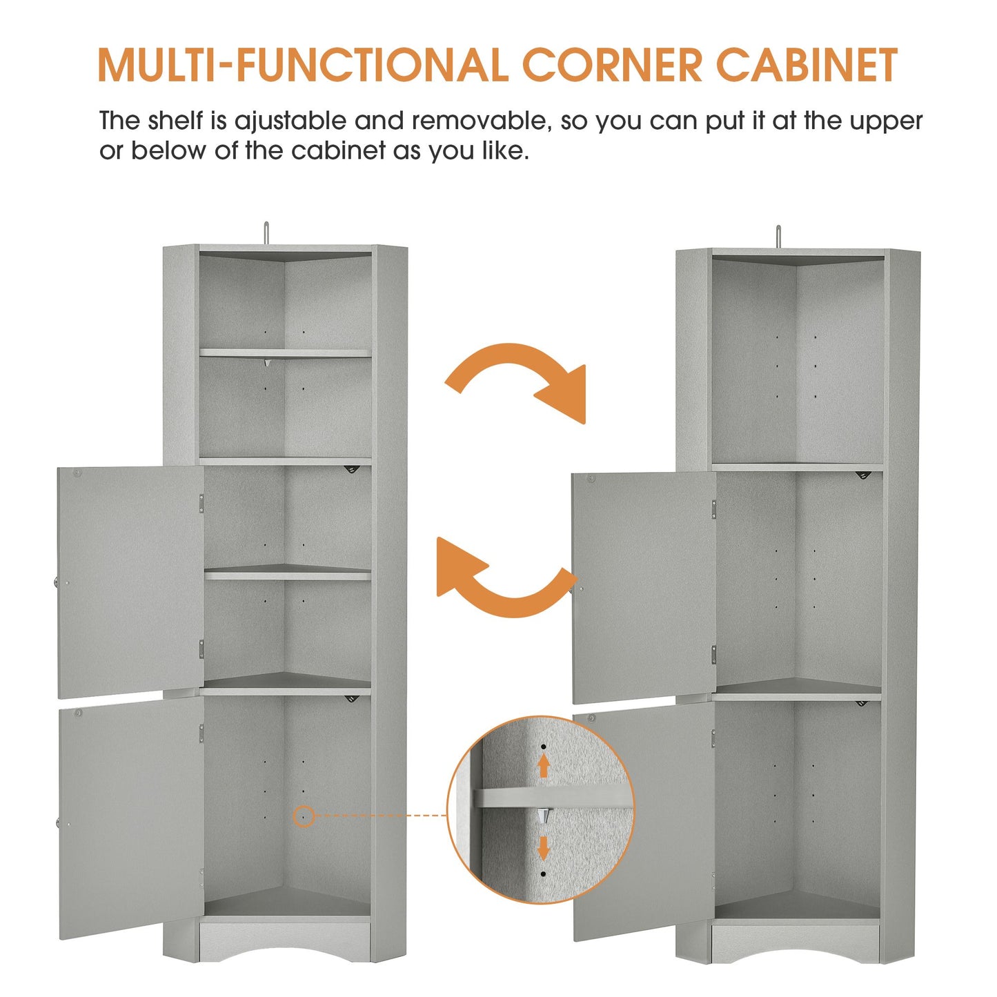 Tall Bathroom Corner Cabinet; Freestanding Storage Cabinet with Doors and Adjustable Shelves; MDF Board