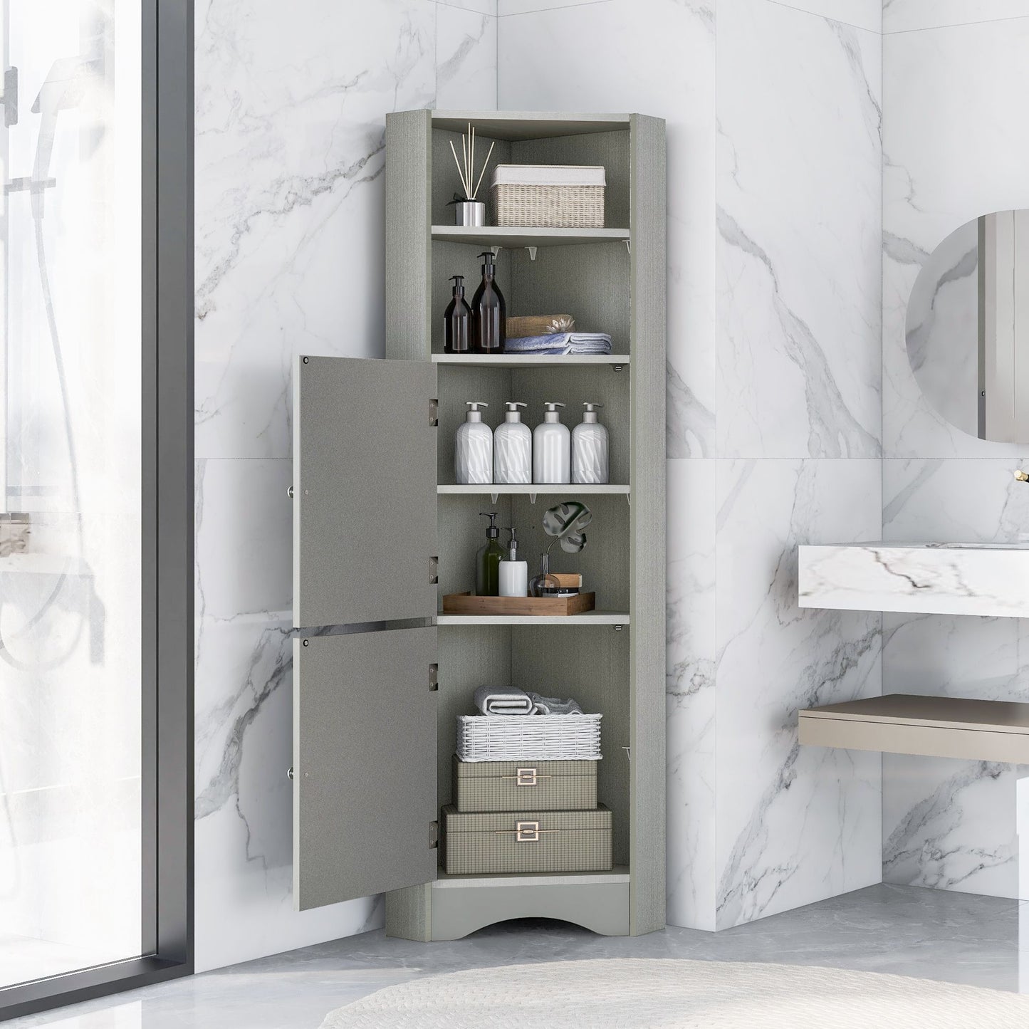 Tall Bathroom Corner Cabinet; Freestanding Storage Cabinet with Doors and Adjustable Shelves; MDF Board