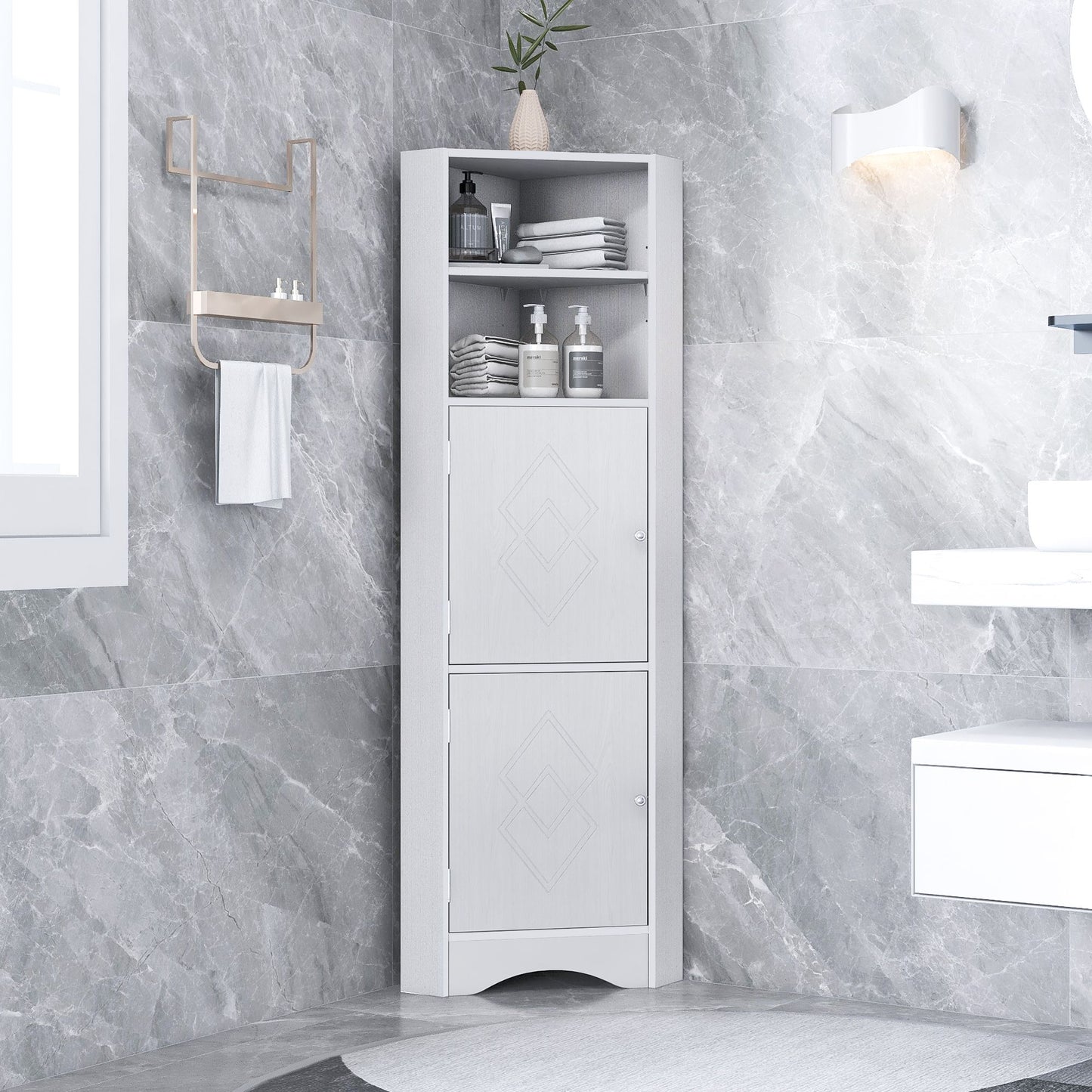 Tall Bathroom Corner Cabinet; Freestanding Storage Cabinet with Doors and Adjustable Shelves; MDF Board
