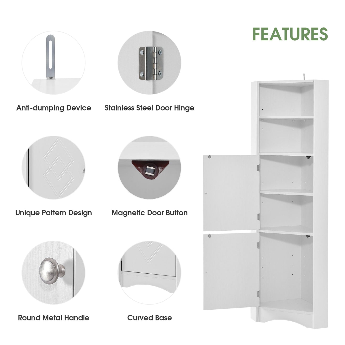Tall Bathroom Corner Cabinet; Freestanding Storage Cabinet with Doors and Adjustable Shelves; MDF Board
