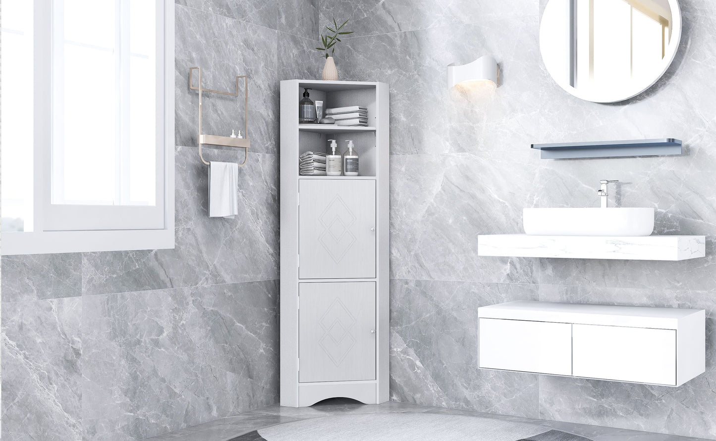 Tall Bathroom Corner Cabinet; Freestanding Storage Cabinet with Doors and Adjustable Shelves; MDF Board